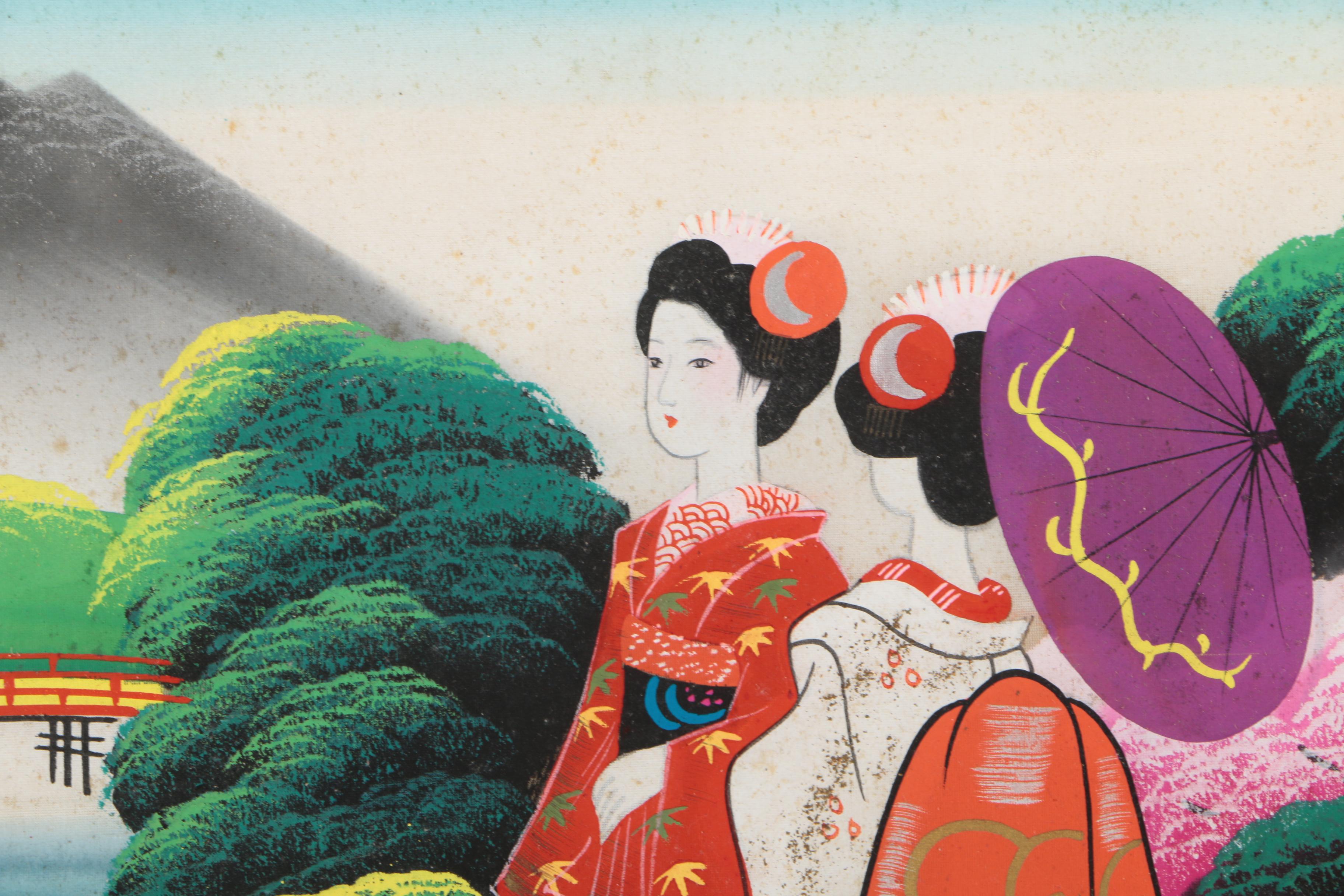 East Asian Style Painting on Silk of Genre Scene