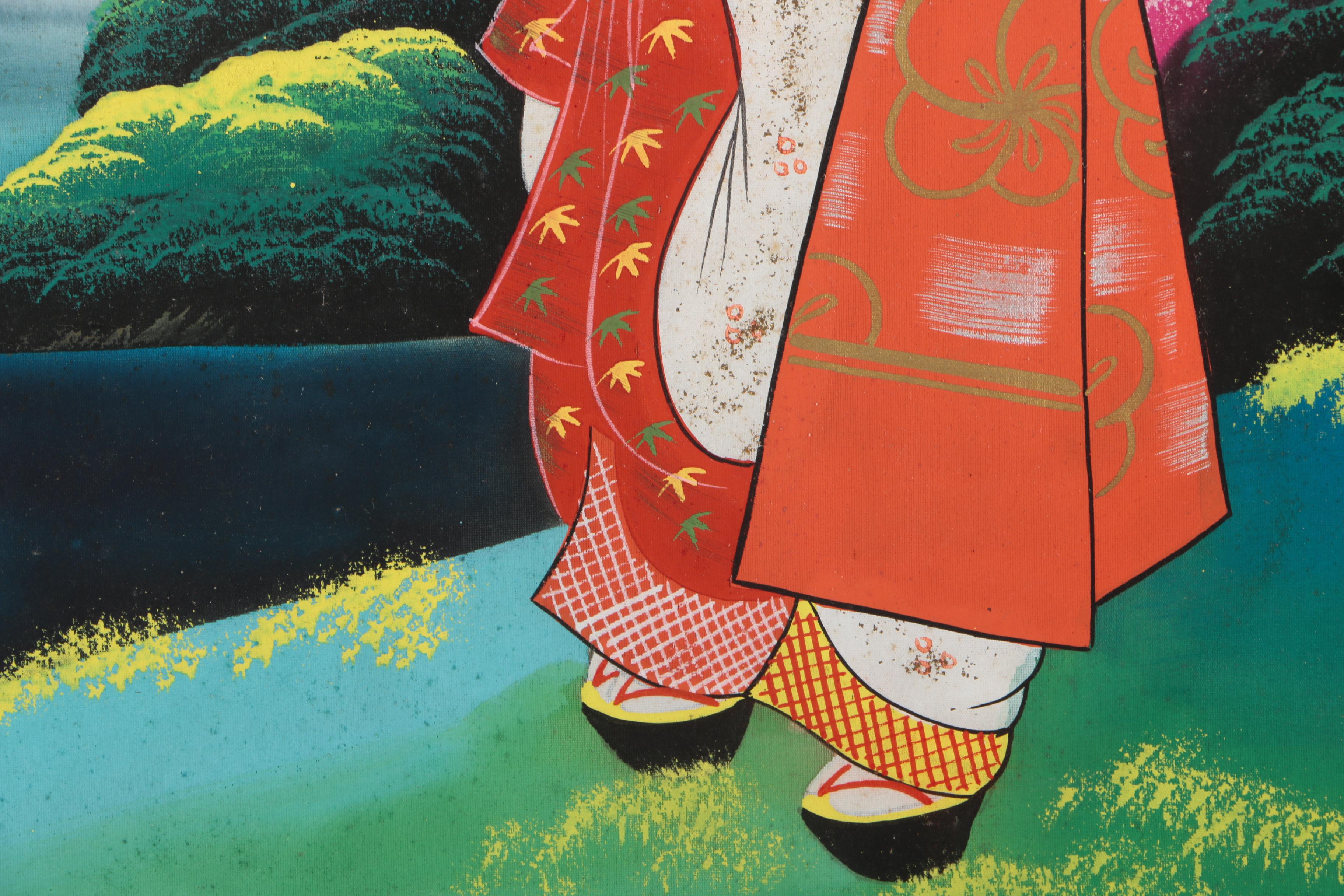 East Asian Style Painting on Silk of Genre Scene