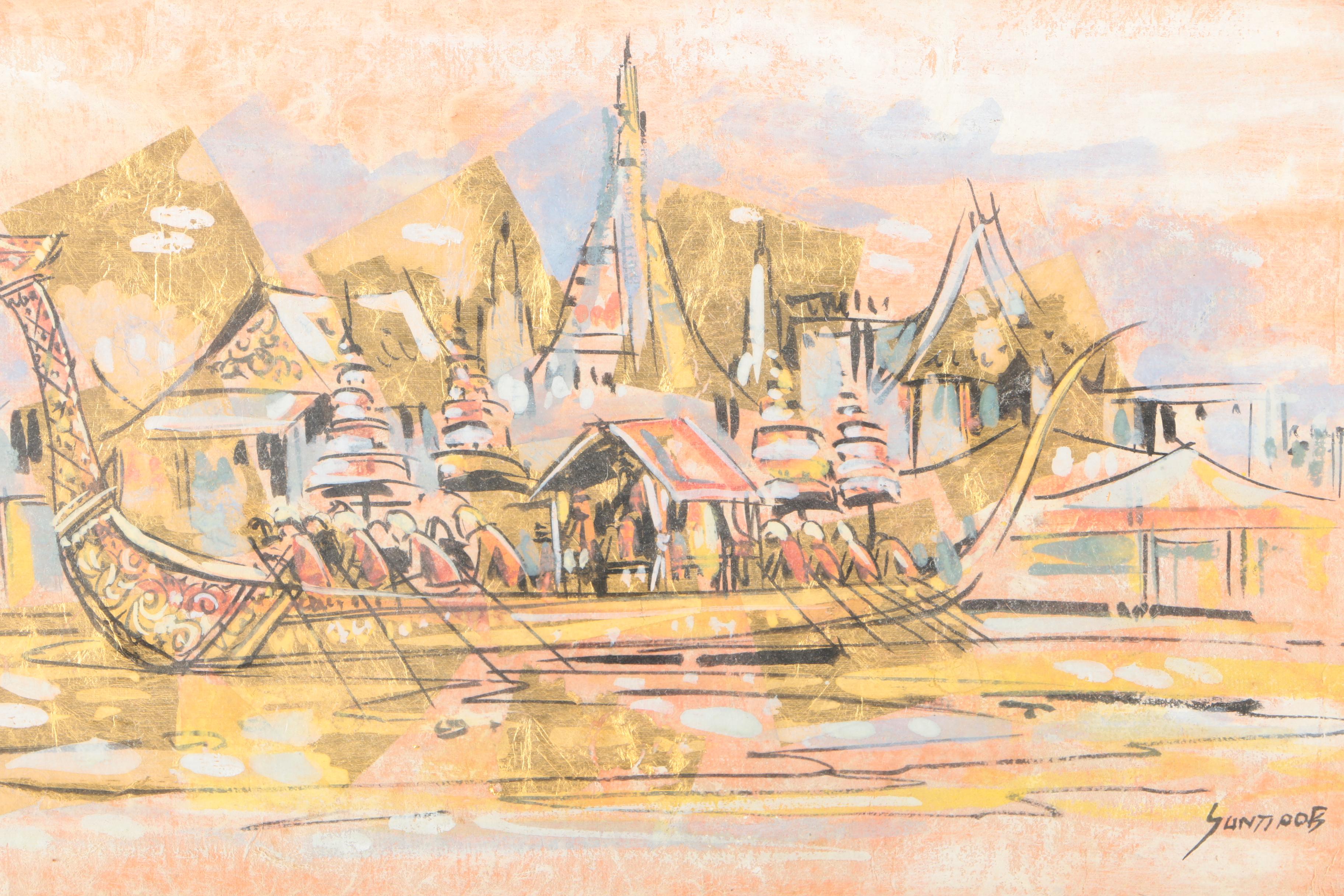 Thai Style Mixed Media Painting of Dragon Boat