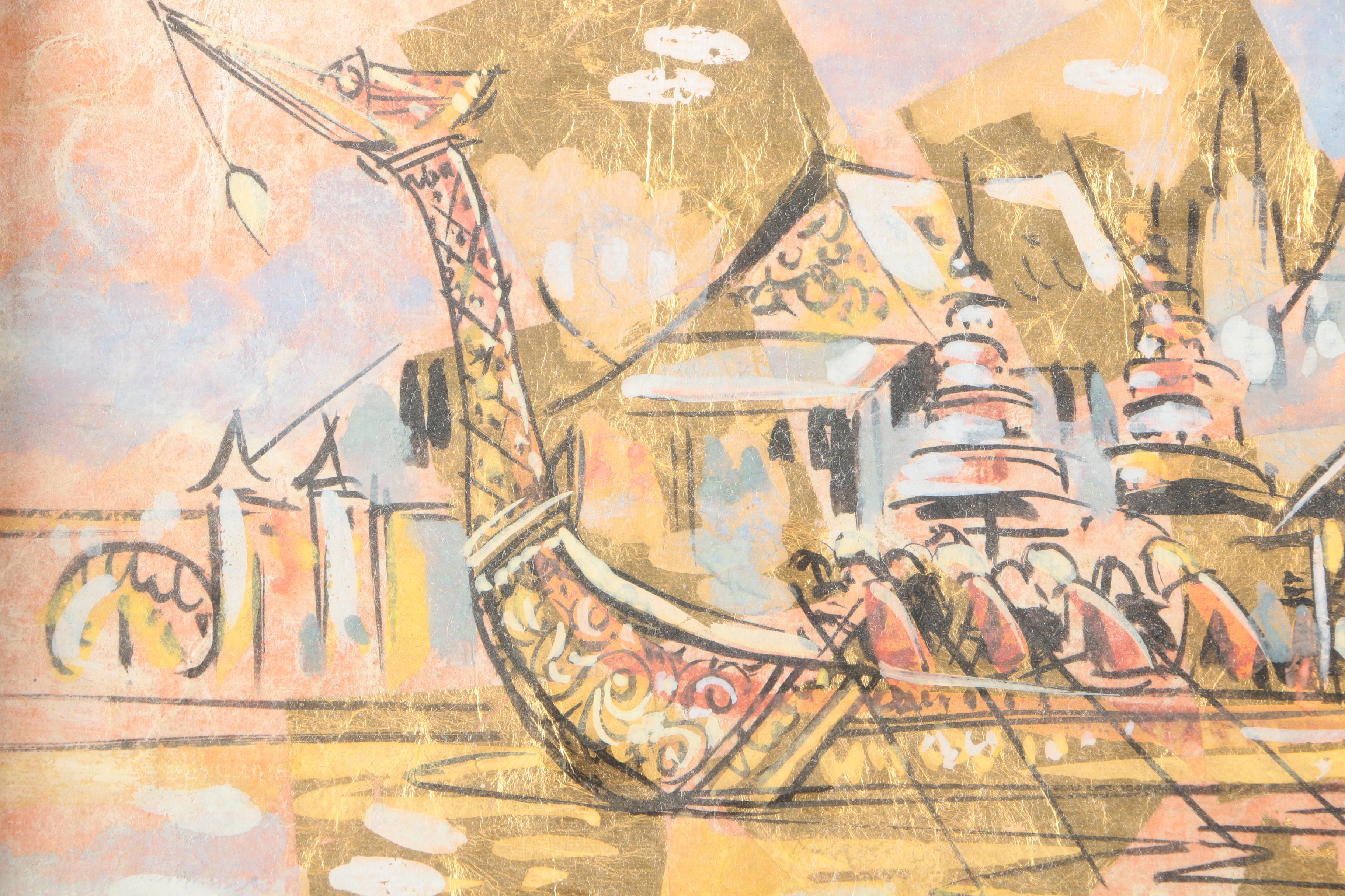 Thai Style Mixed Media Painting of Dragon Boat