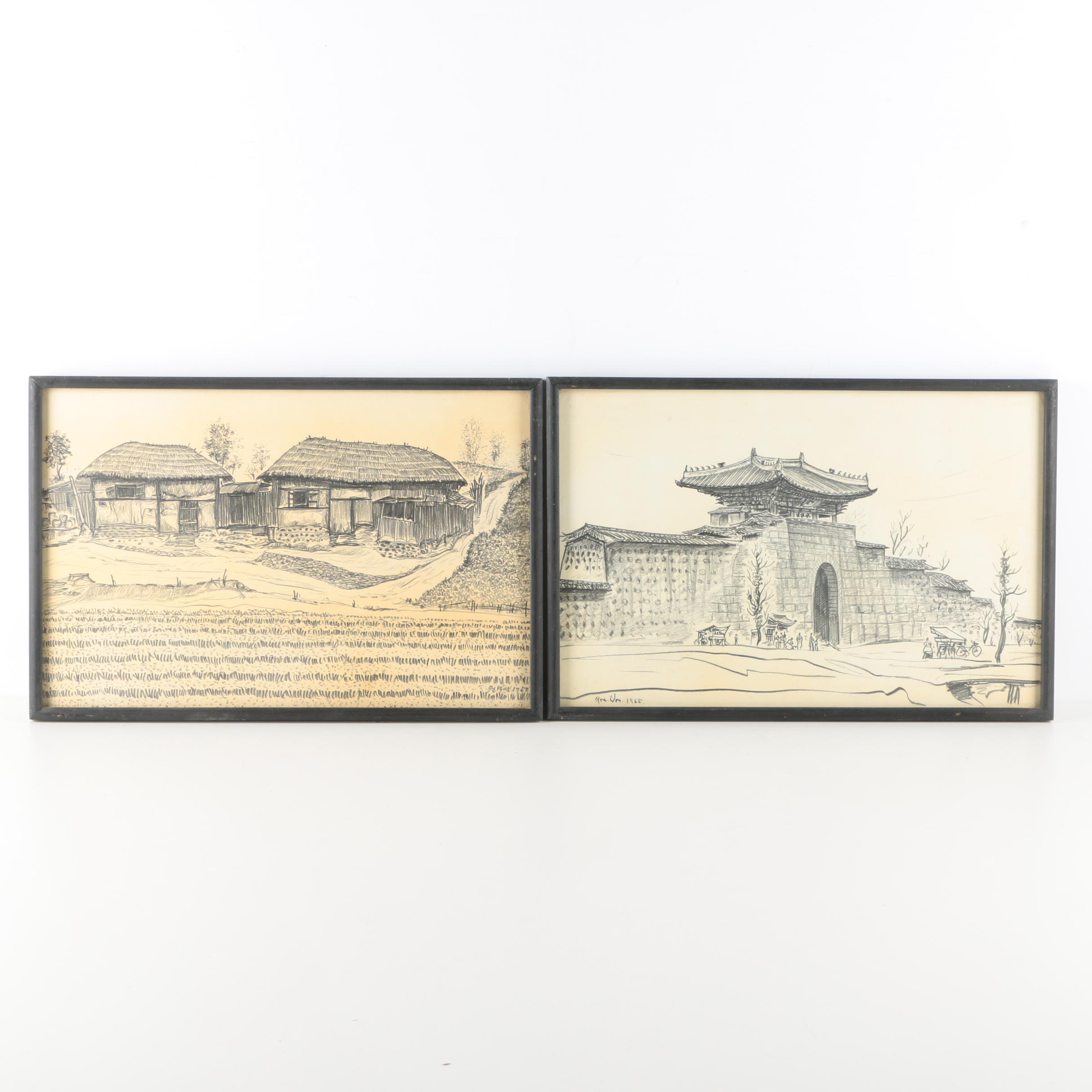 Vintage Charcoal Drawings on Paper of Korean Architecture