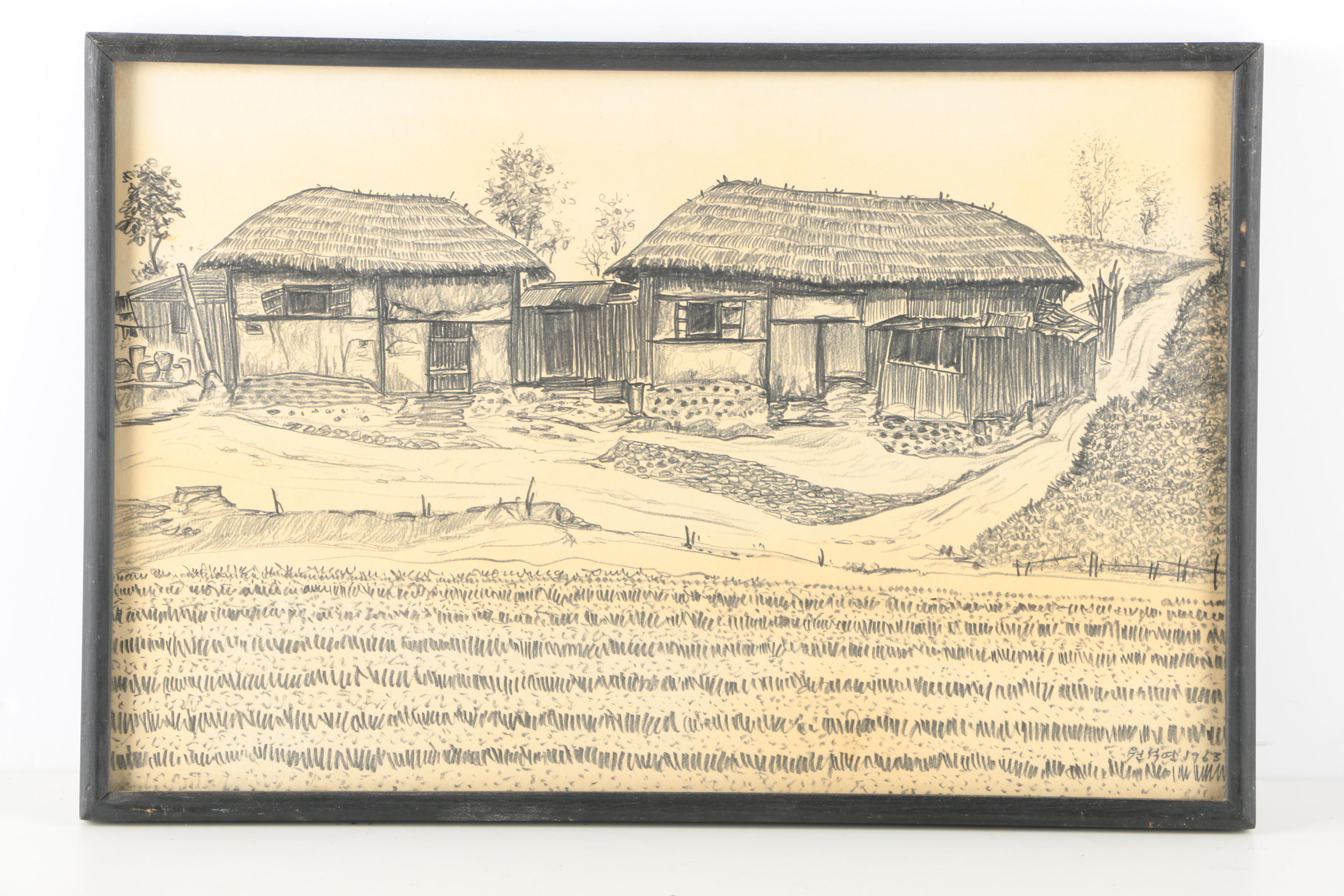 Vintage Charcoal Drawings on Paper of Korean Architecture