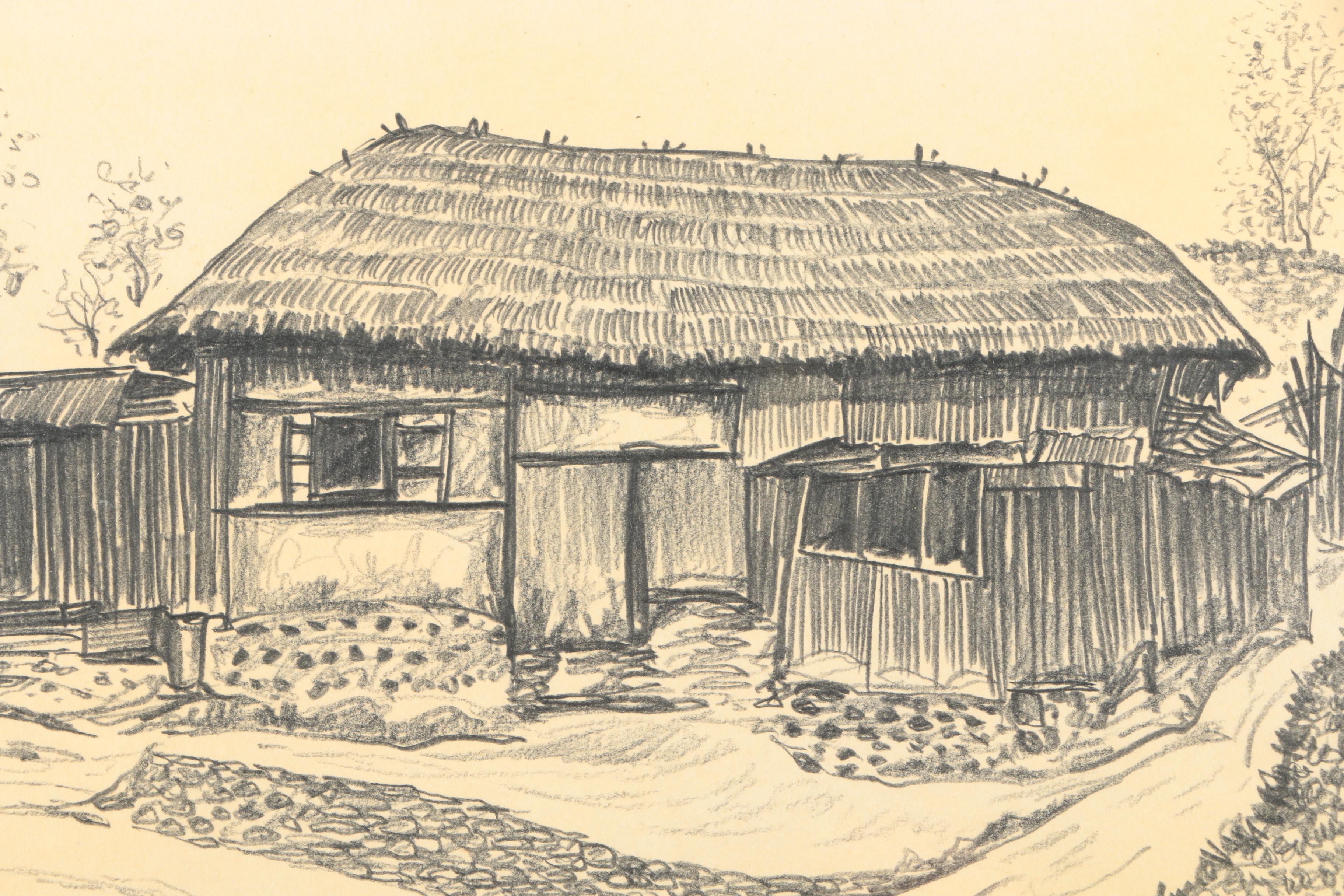 Vintage Charcoal Drawings on Paper of Korean Architecture