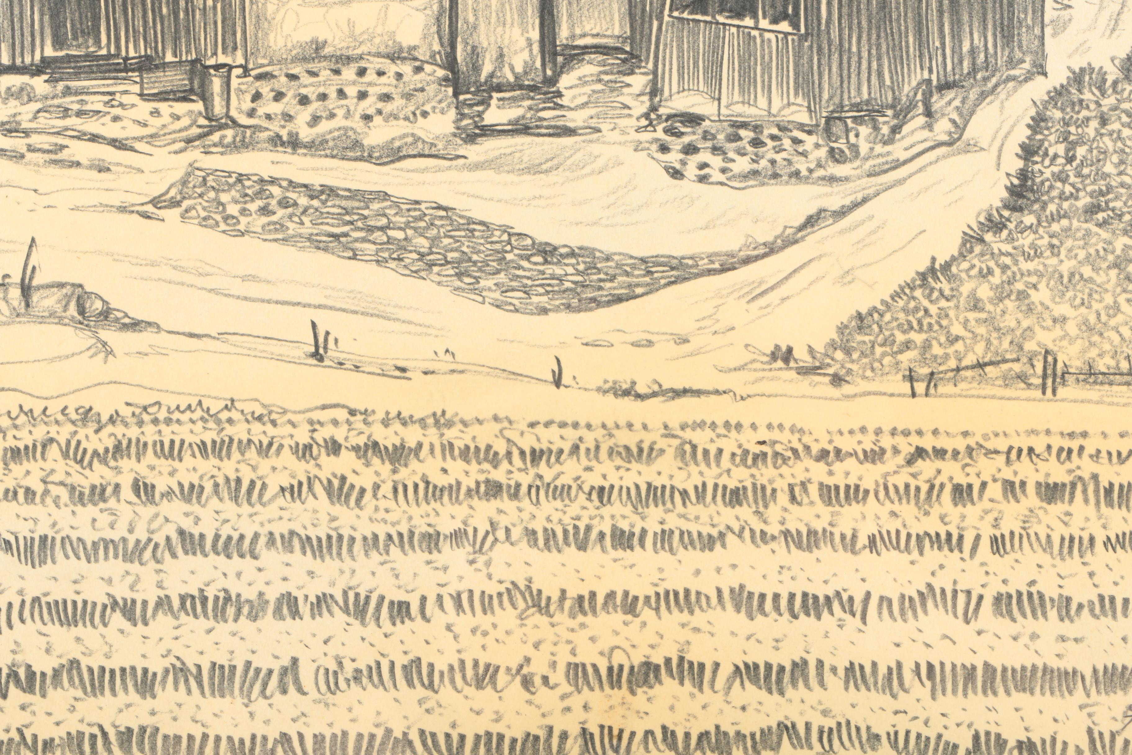 Vintage Charcoal Drawings on Paper of Korean Architecture