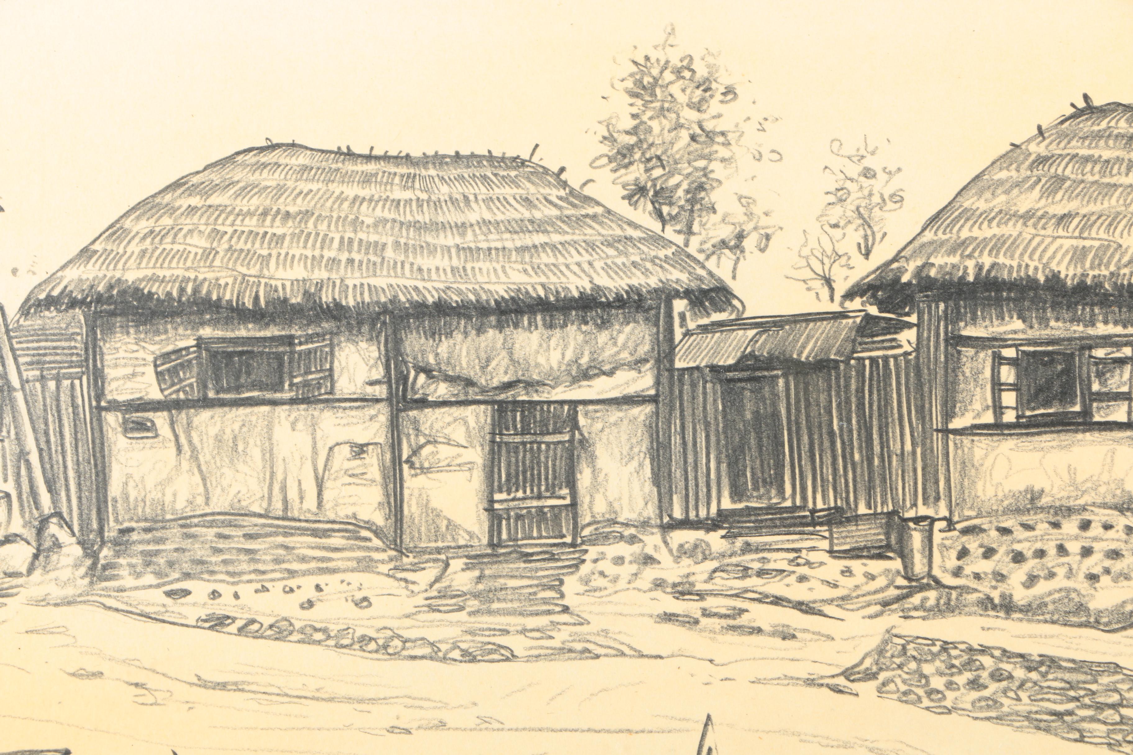 Vintage Charcoal Drawings on Paper of Korean Architecture