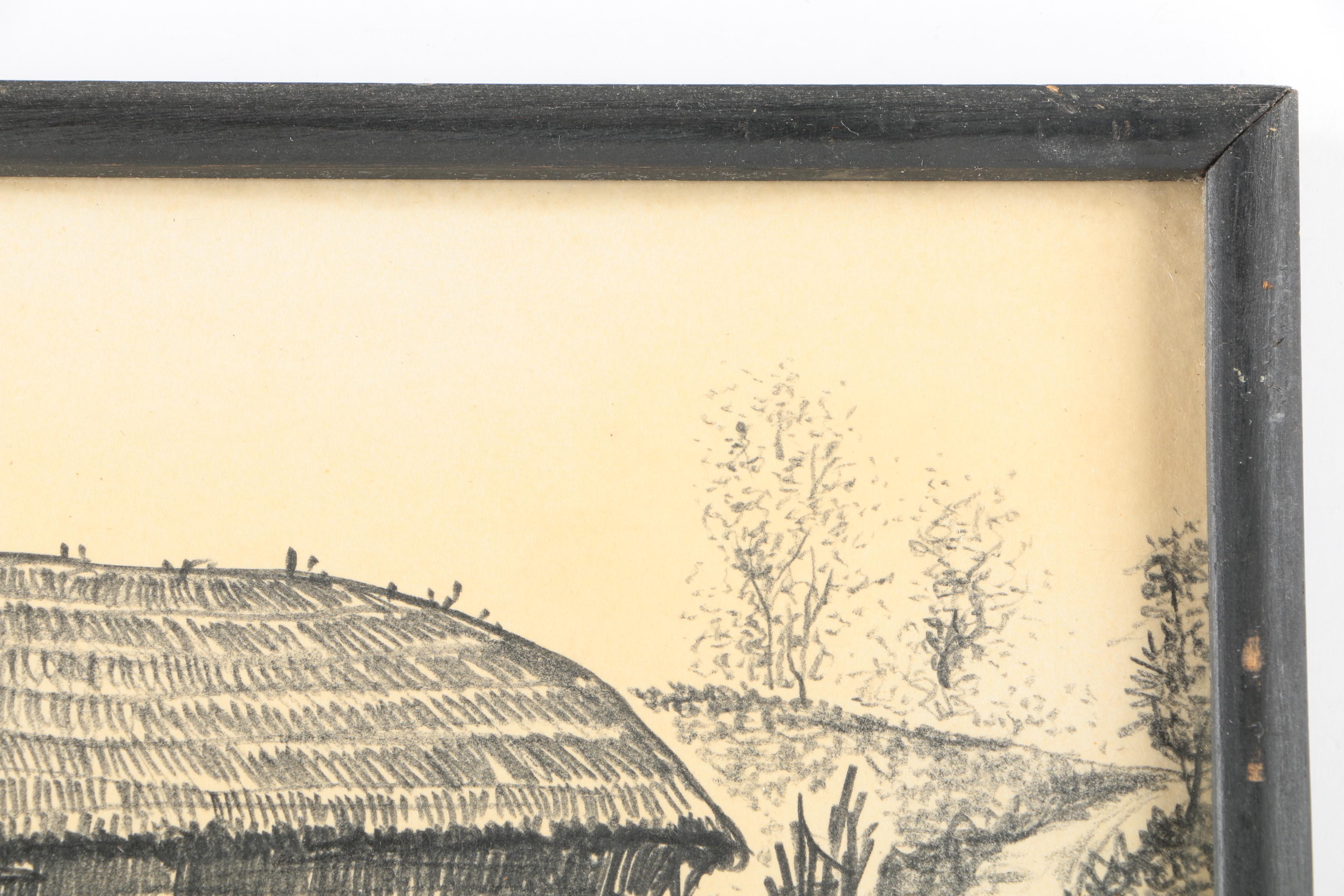 Vintage Charcoal Drawings on Paper of Korean Architecture