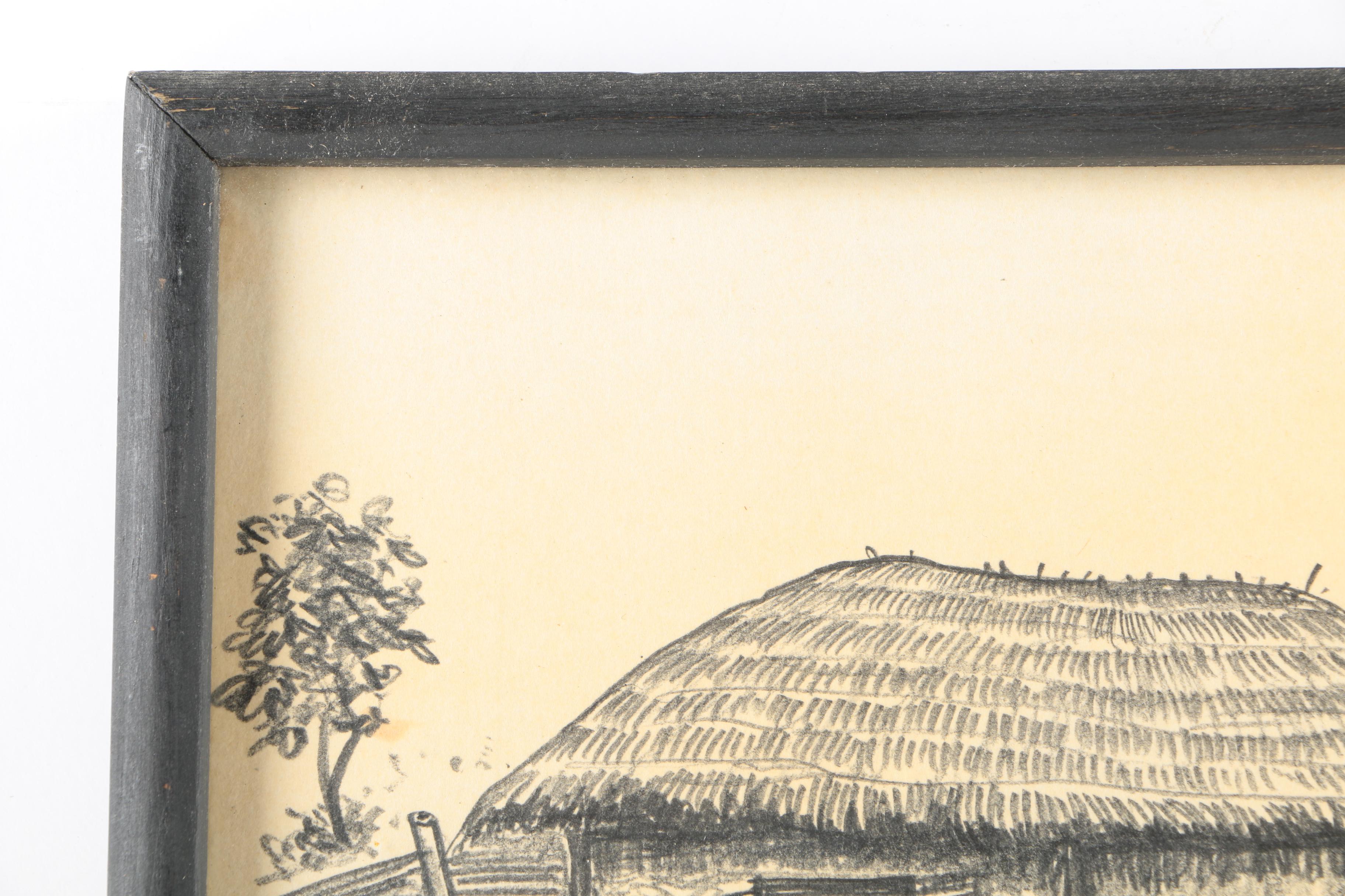 Vintage Charcoal Drawings on Paper of Korean Architecture