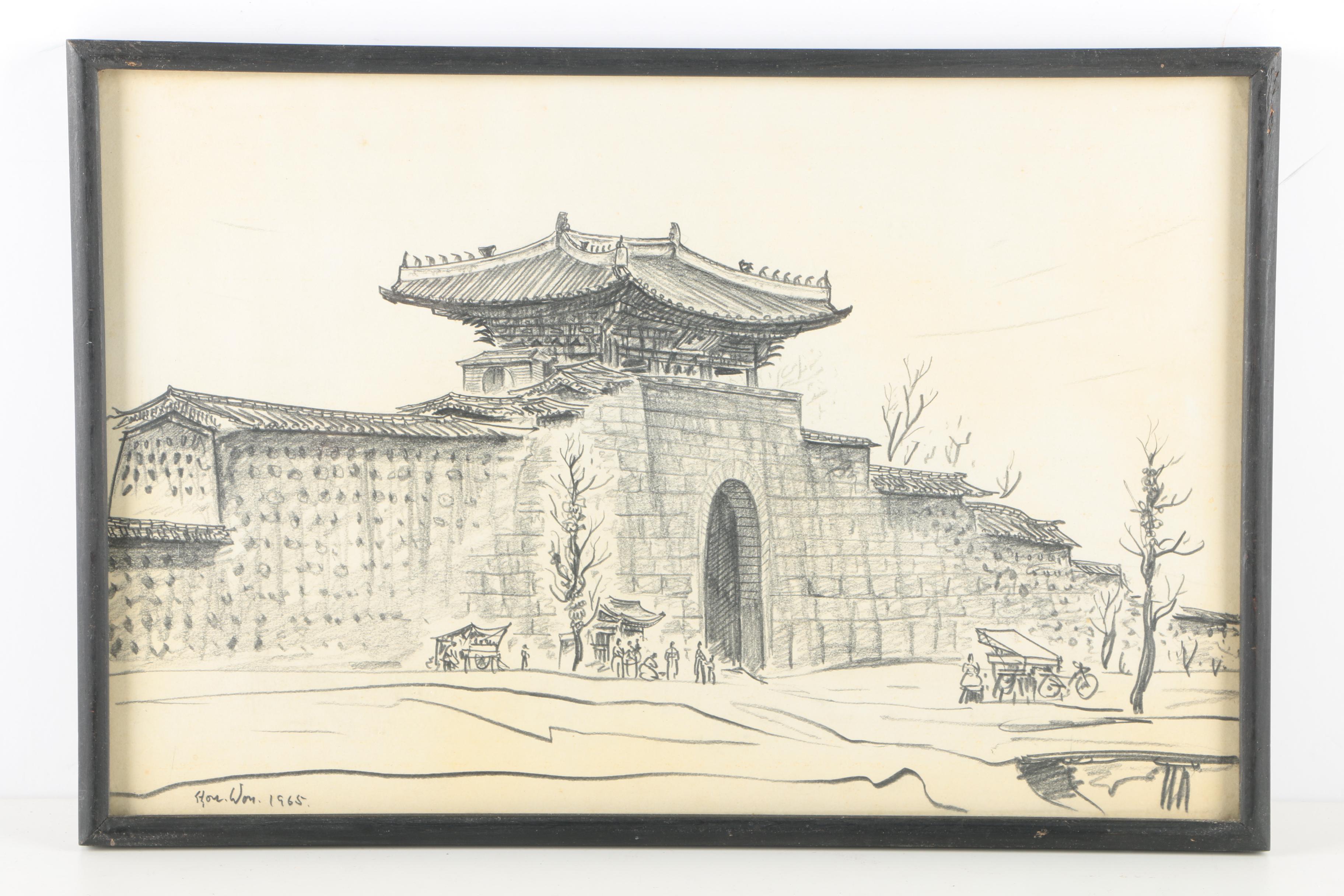 Vintage Charcoal Drawings on Paper of Korean Architecture