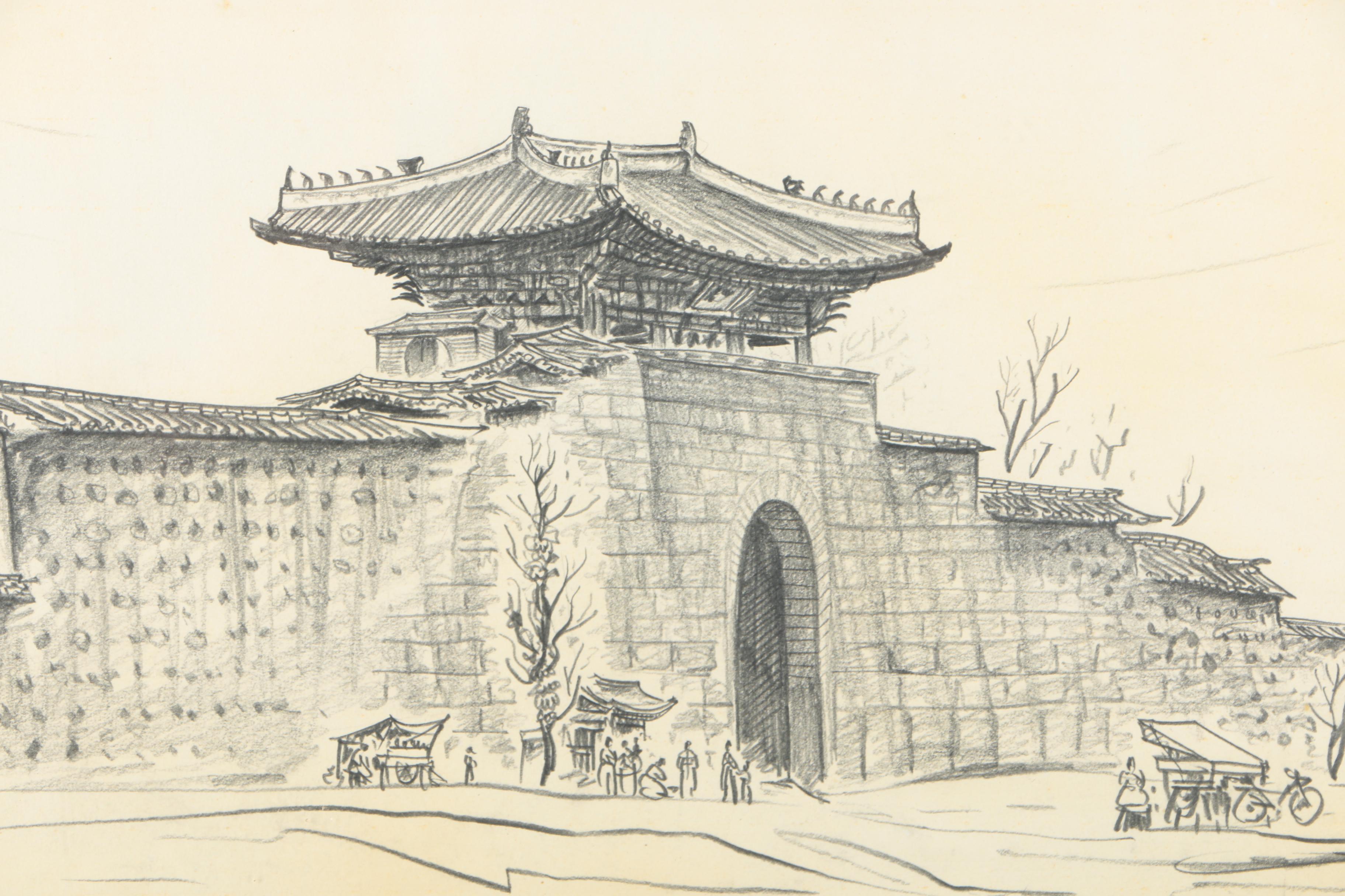 Vintage Charcoal Drawings on Paper of Korean Architecture
