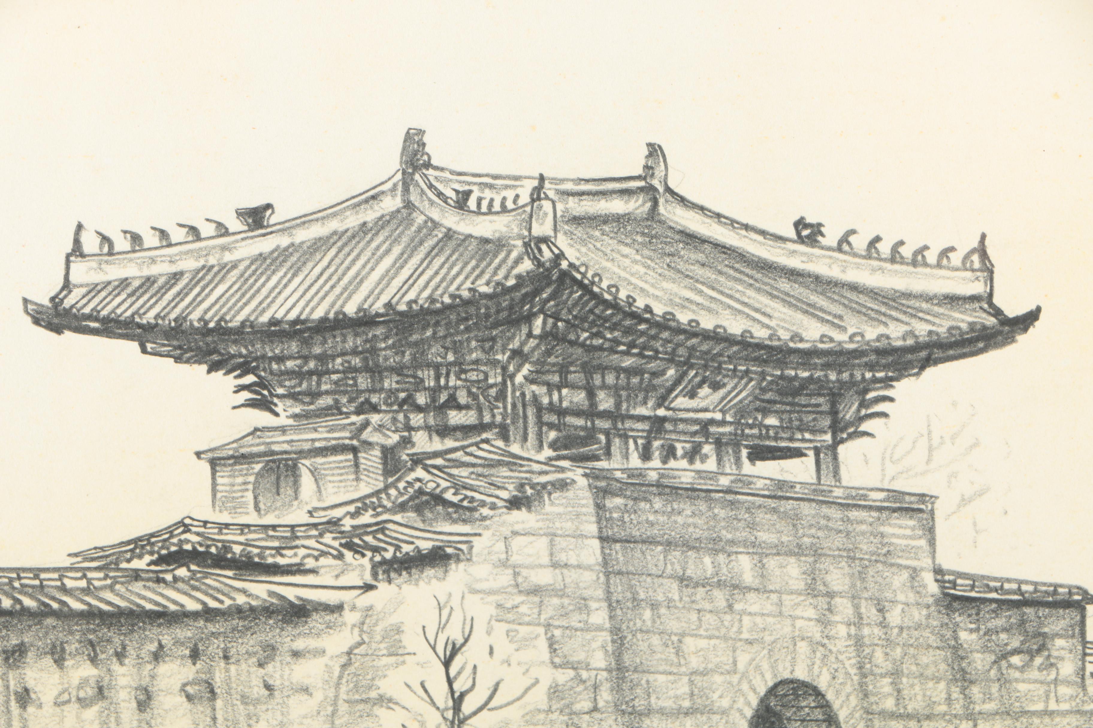 Vintage Charcoal Drawings on Paper of Korean Architecture