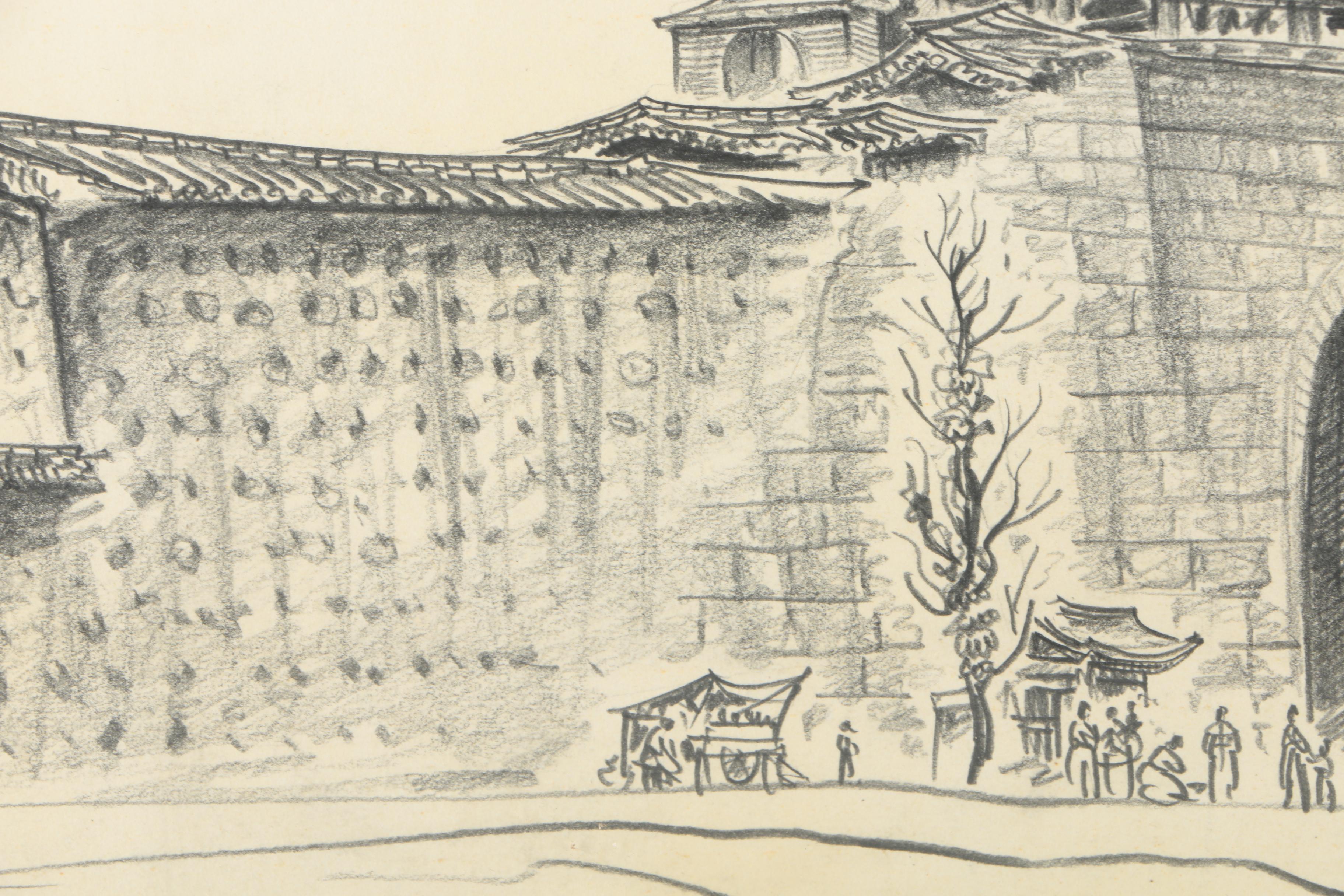 Vintage Charcoal Drawings on Paper of Korean Architecture