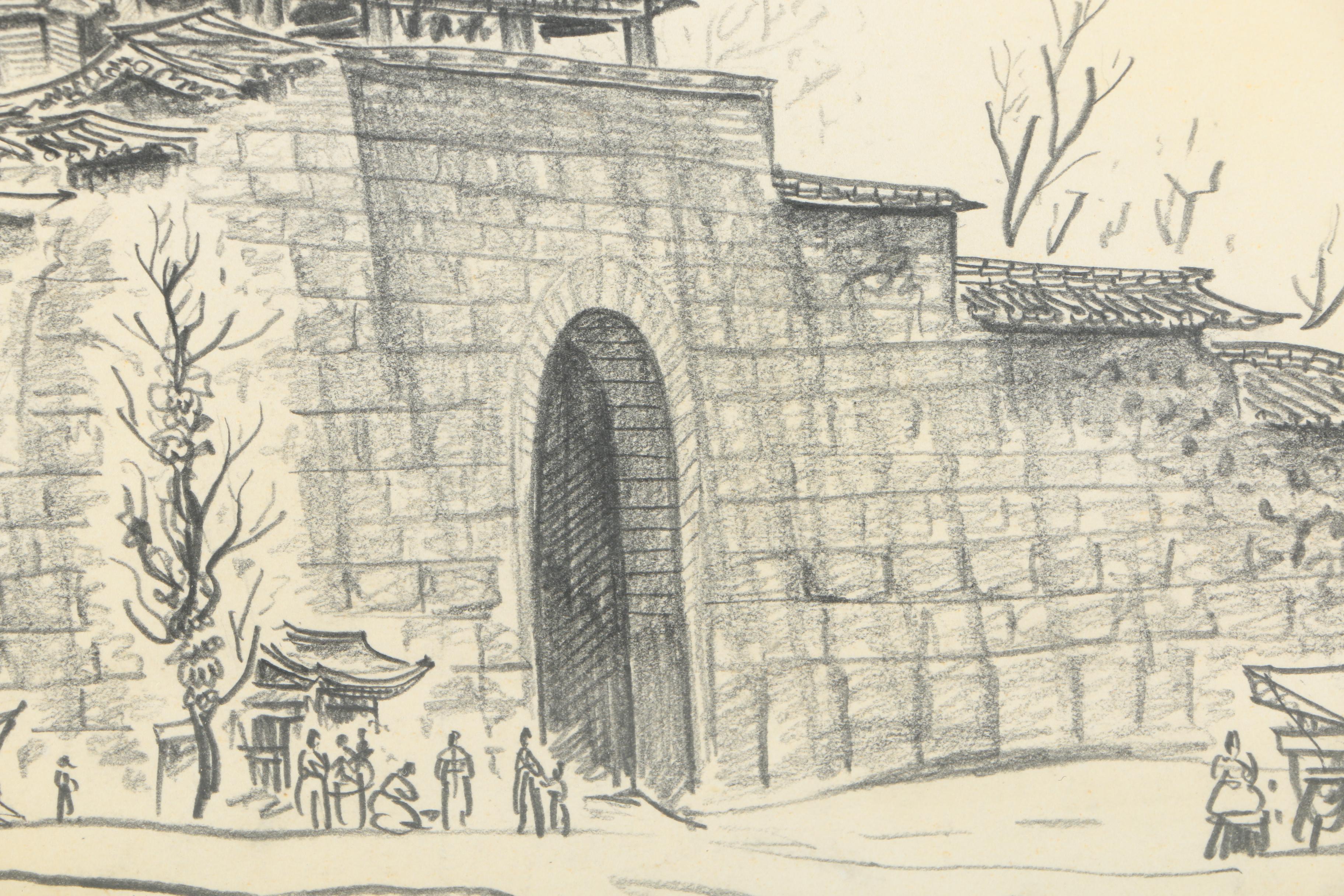 Vintage Charcoal Drawings on Paper of Korean Architecture
