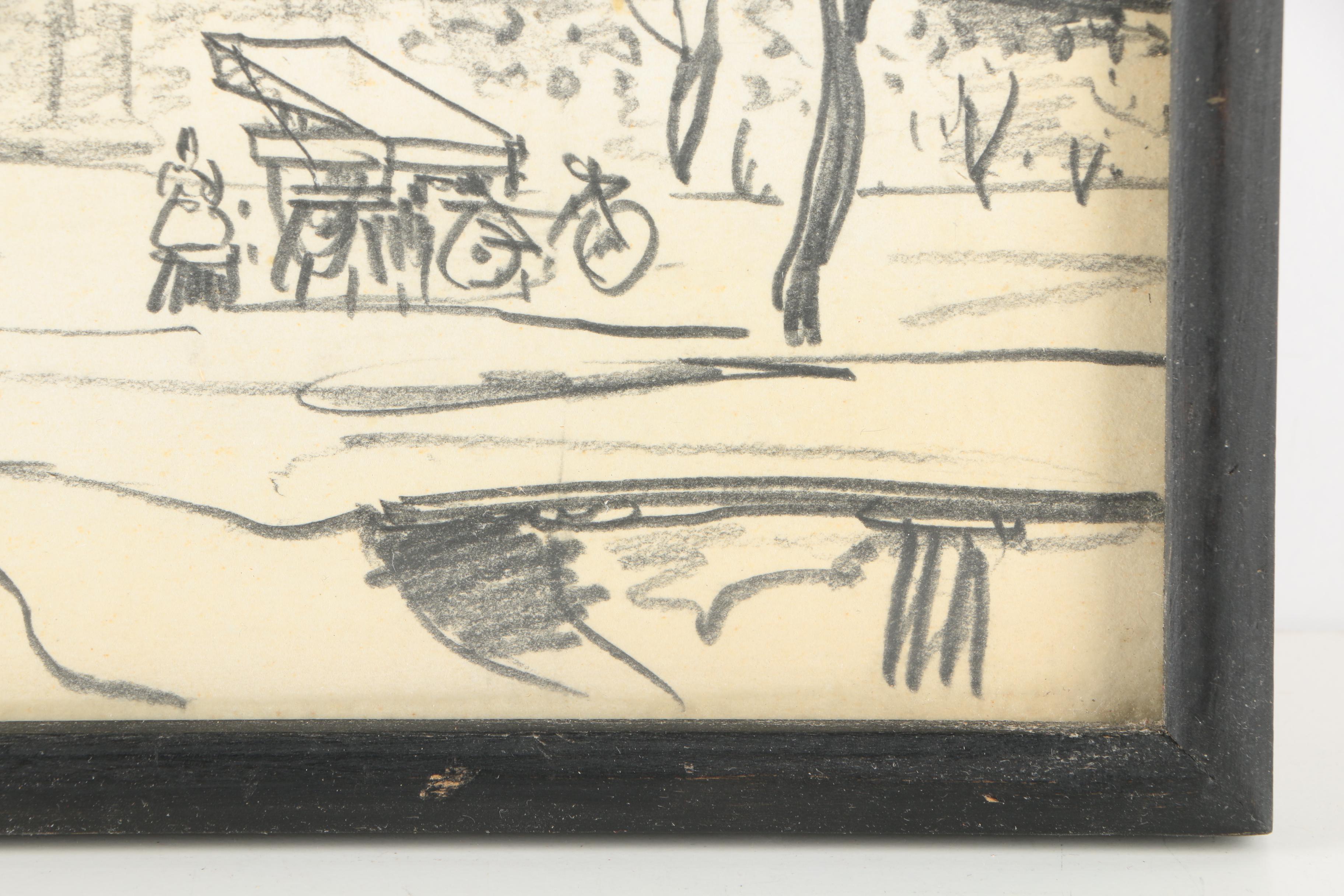 Vintage Charcoal Drawings on Paper of Korean Architecture