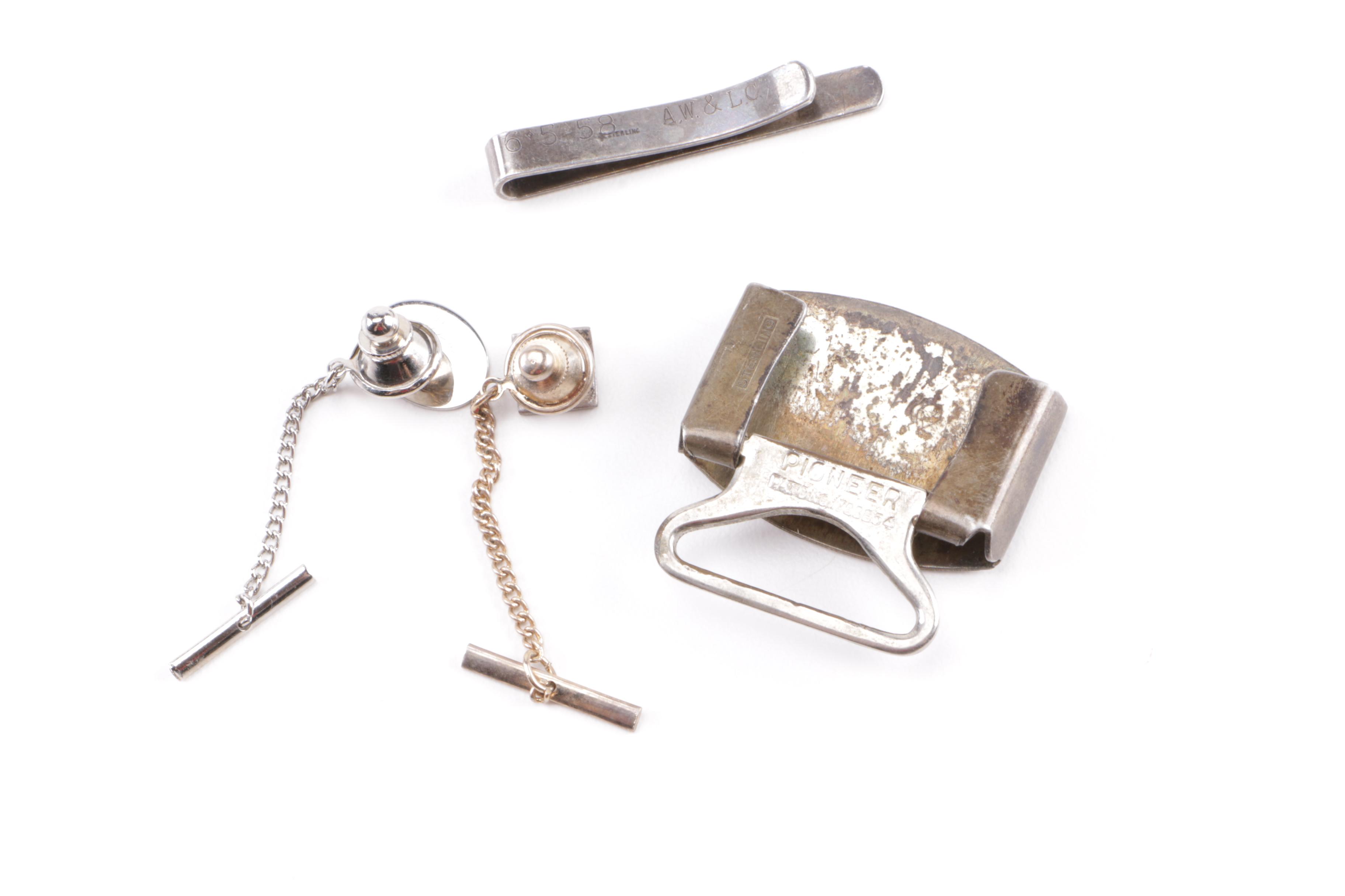 Vintage Sterling Jewelry Including Tie Tack With a Diamond Accent