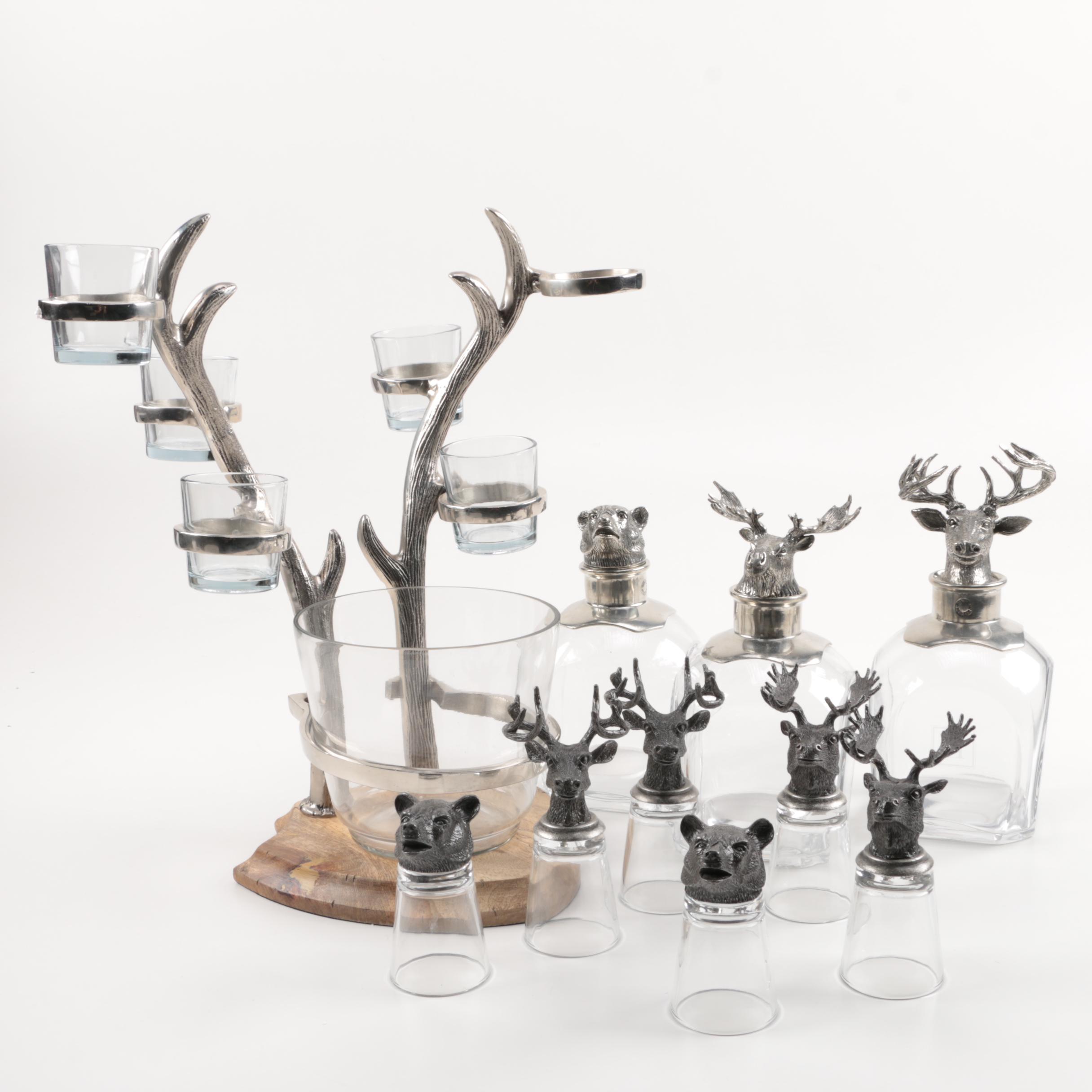Pottery Barn Pewter Animal Themed Glasses and Decanters