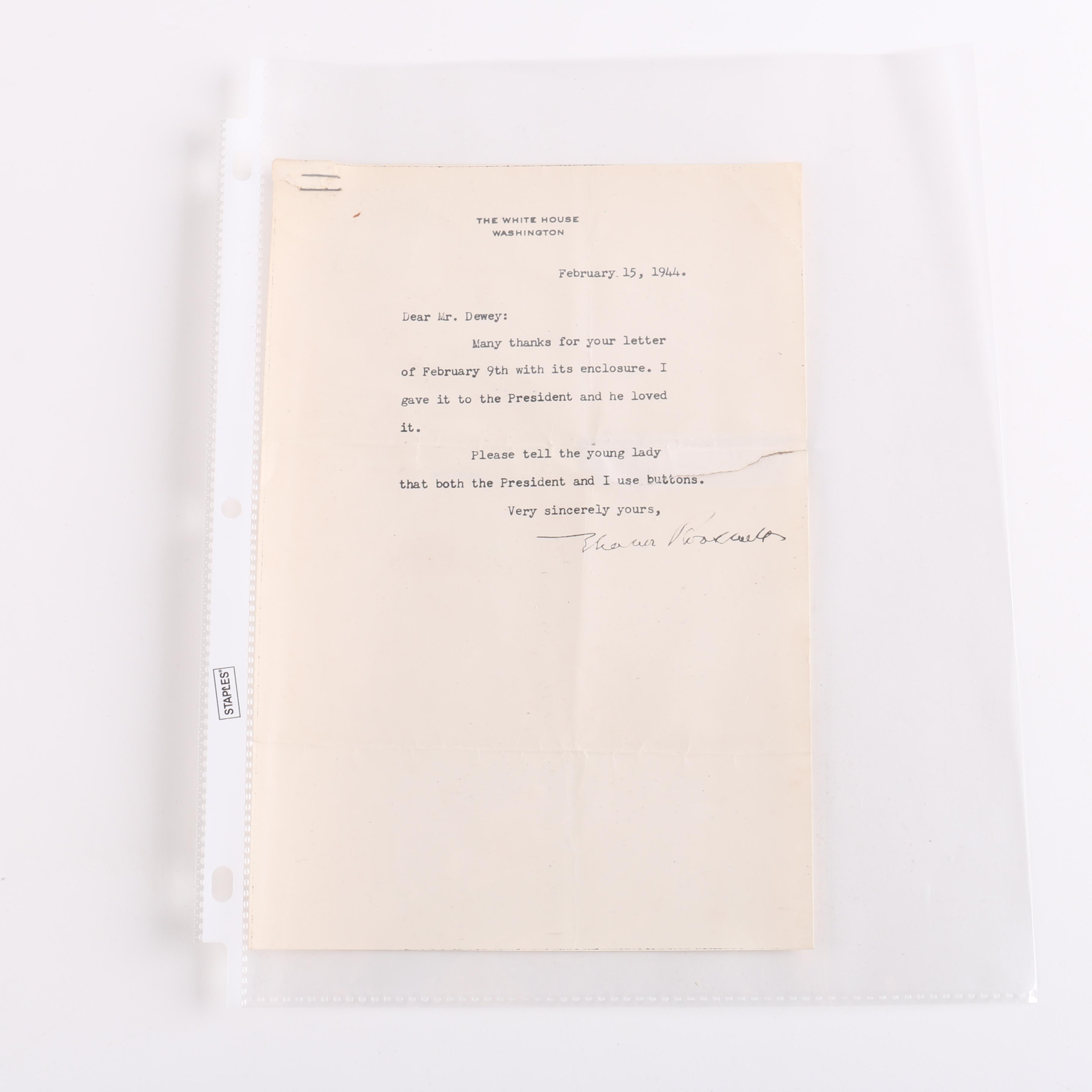 Eleanor Roosevelt Signed Letter on White House Stationery