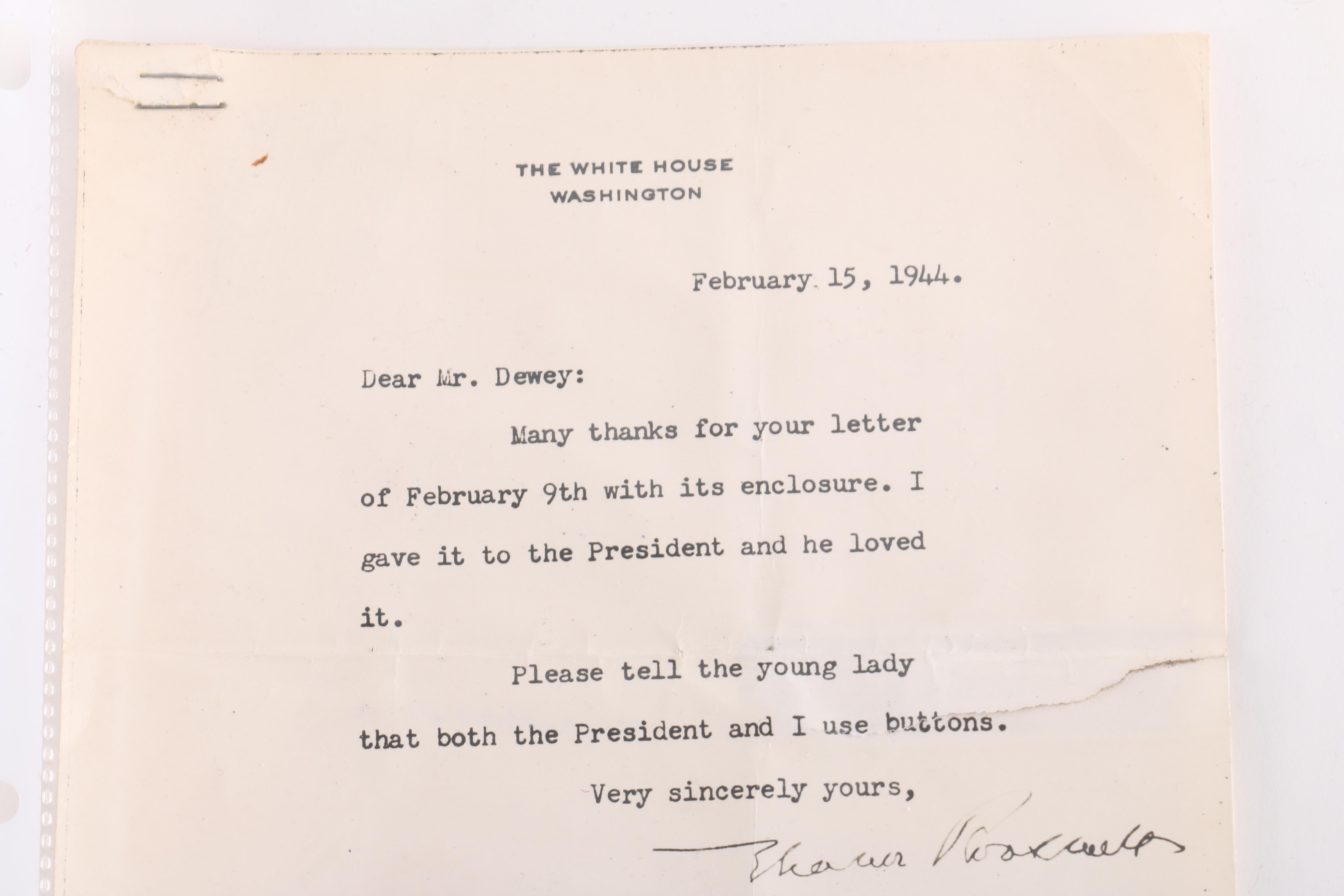 Eleanor Roosevelt Signed Letter on White House Stationery