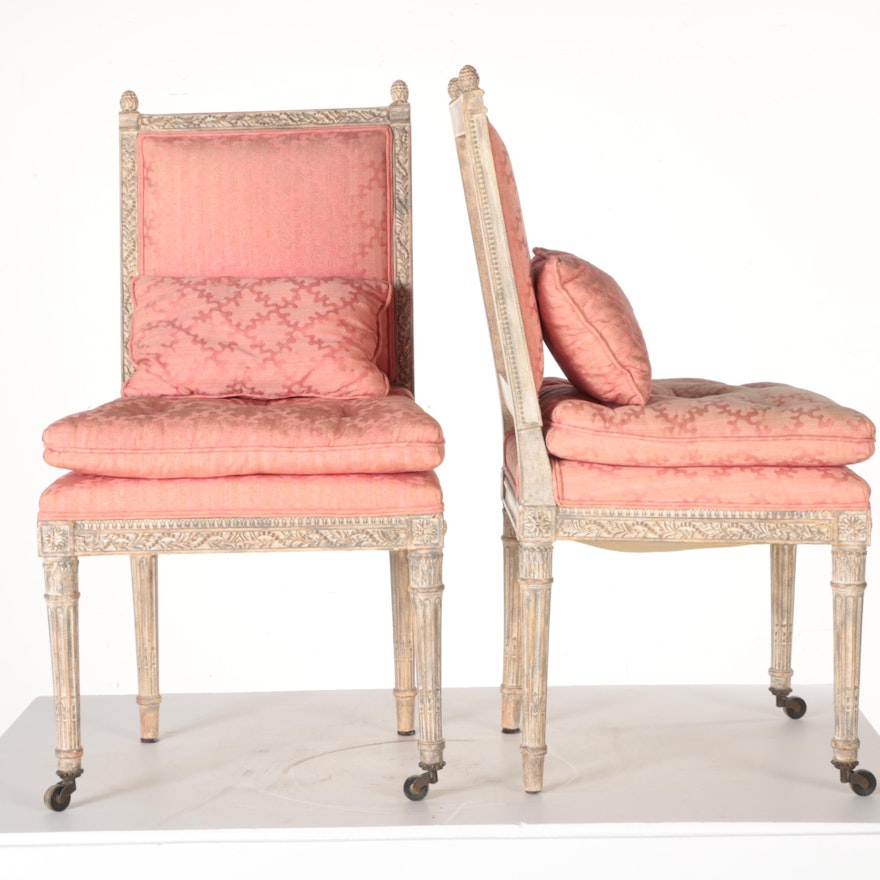 Pair of Pink Damask New Regency Louis XVI Style Side Chairs