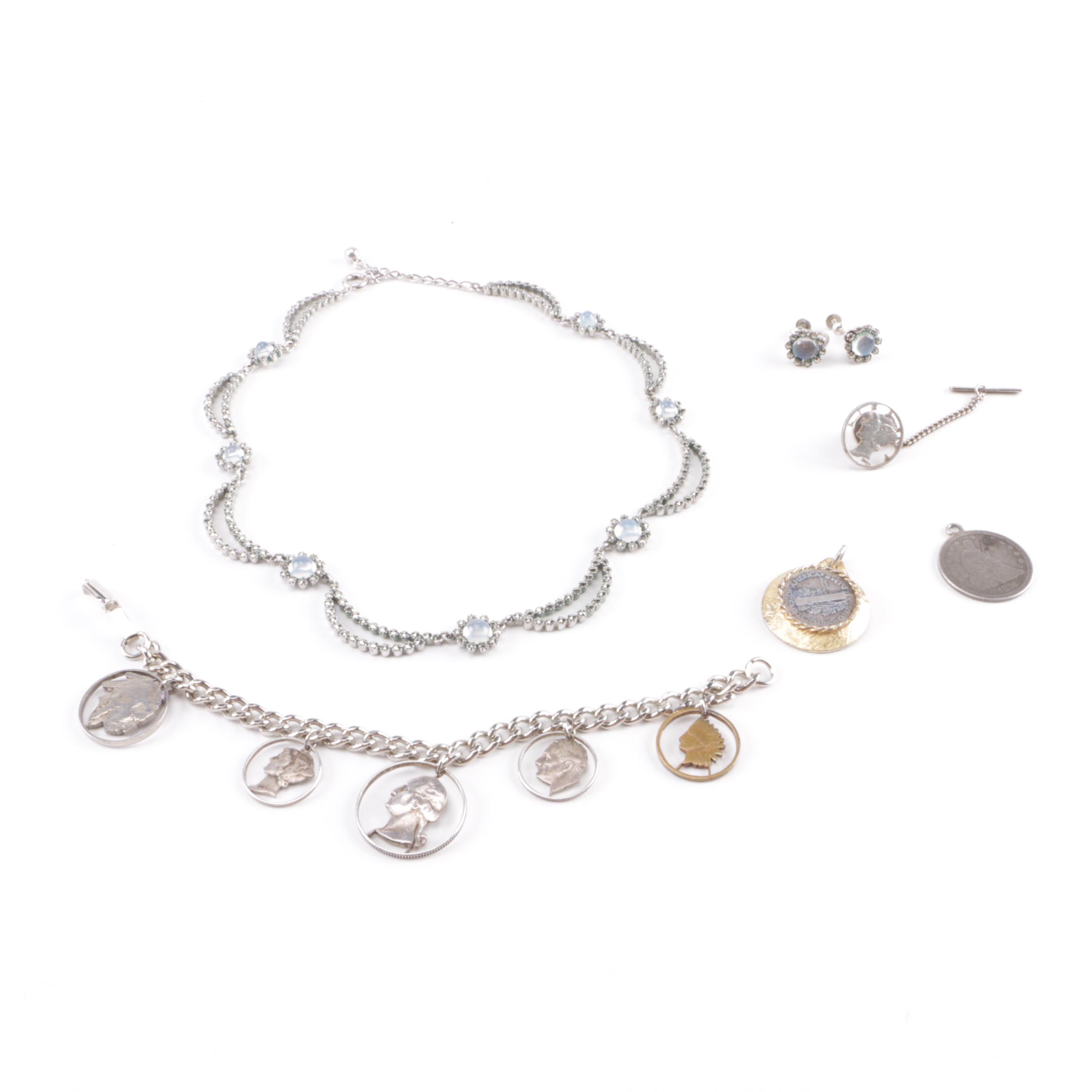 900 and 800 Silver Jewelry Including Coin Jewelry