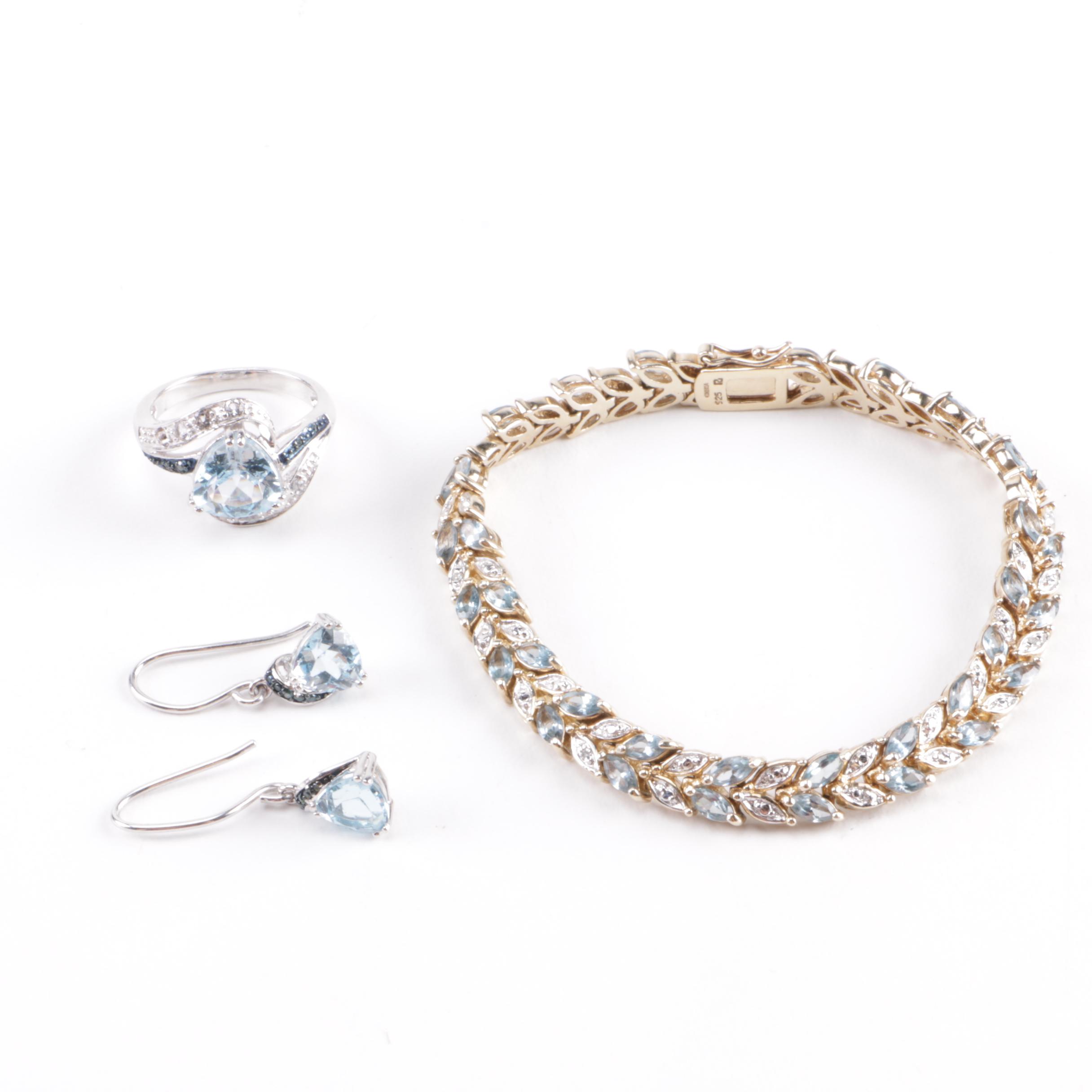 Sterling Silver and Diamond Jewelry Including Blue Topaz Demi Parure