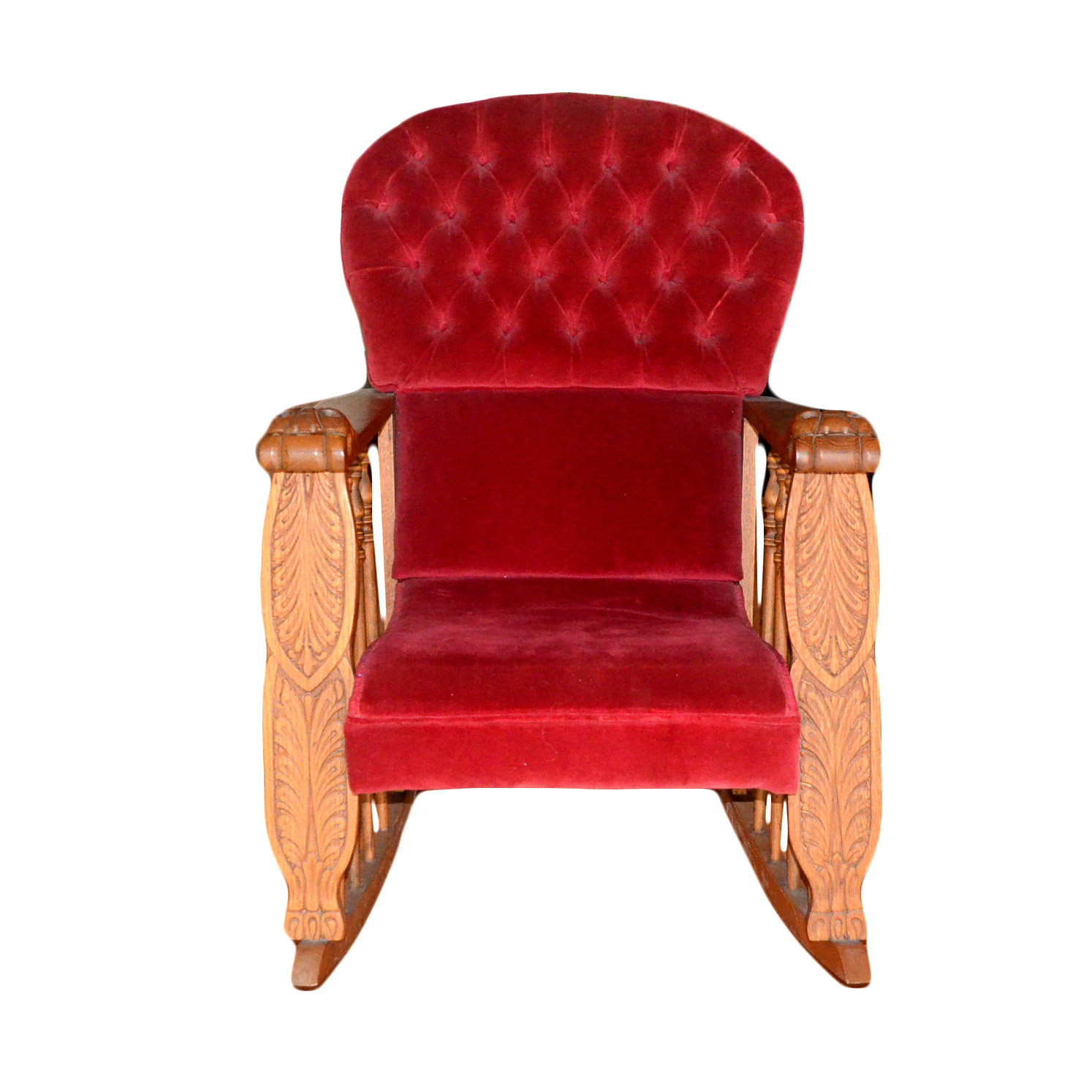 Oak Rocking Chair With Red Velvet Upholstery