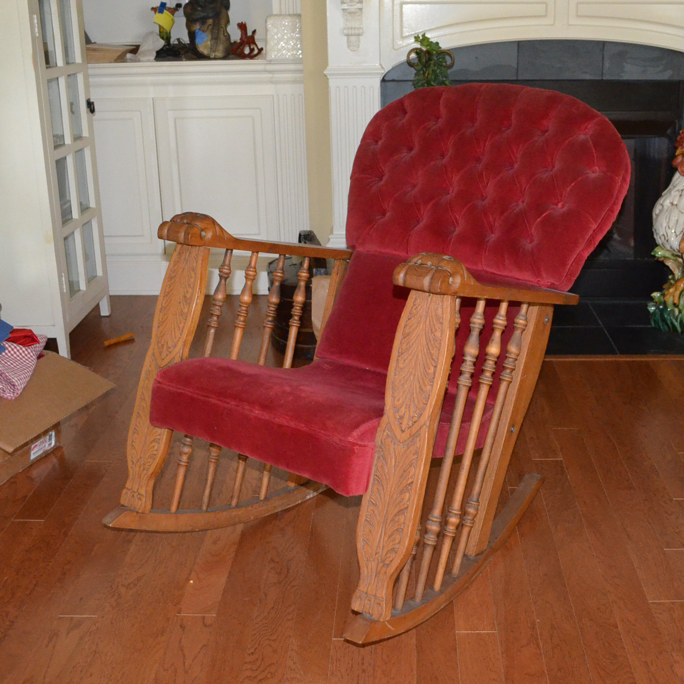 Oak Rocking Chair With Red Velvet Upholstery