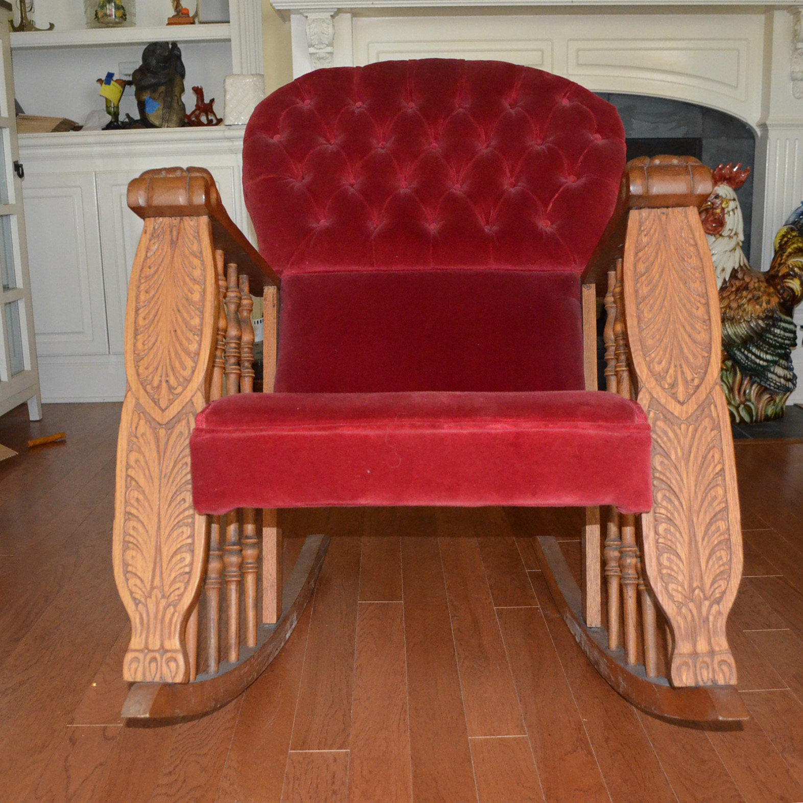 Oak Rocking Chair With Red Velvet Upholstery