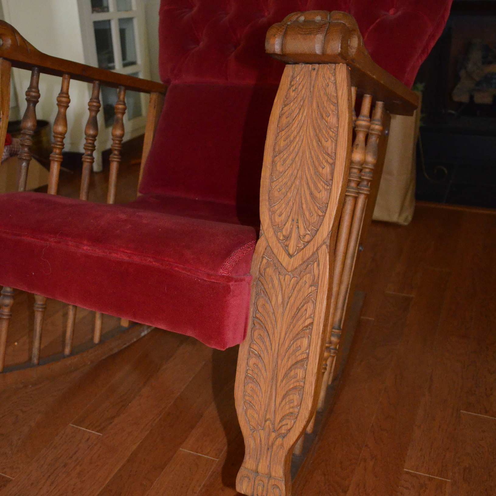 Oak Rocking Chair With Red Velvet Upholstery
