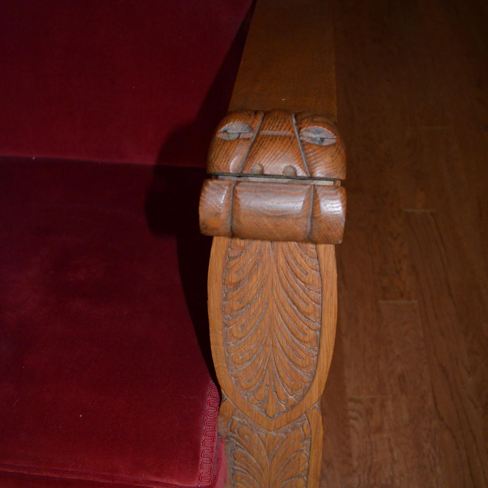 Oak Rocking Chair With Red Velvet Upholstery