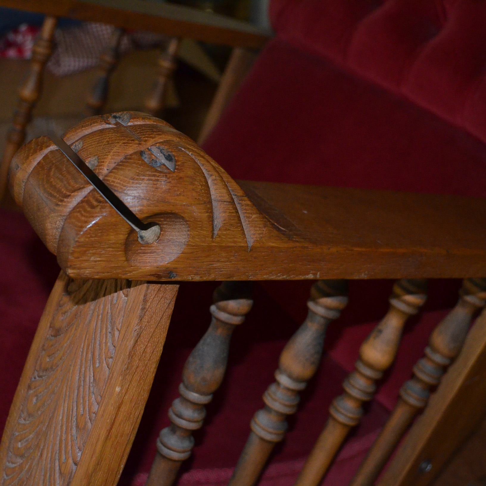 Oak Rocking Chair With Red Velvet Upholstery