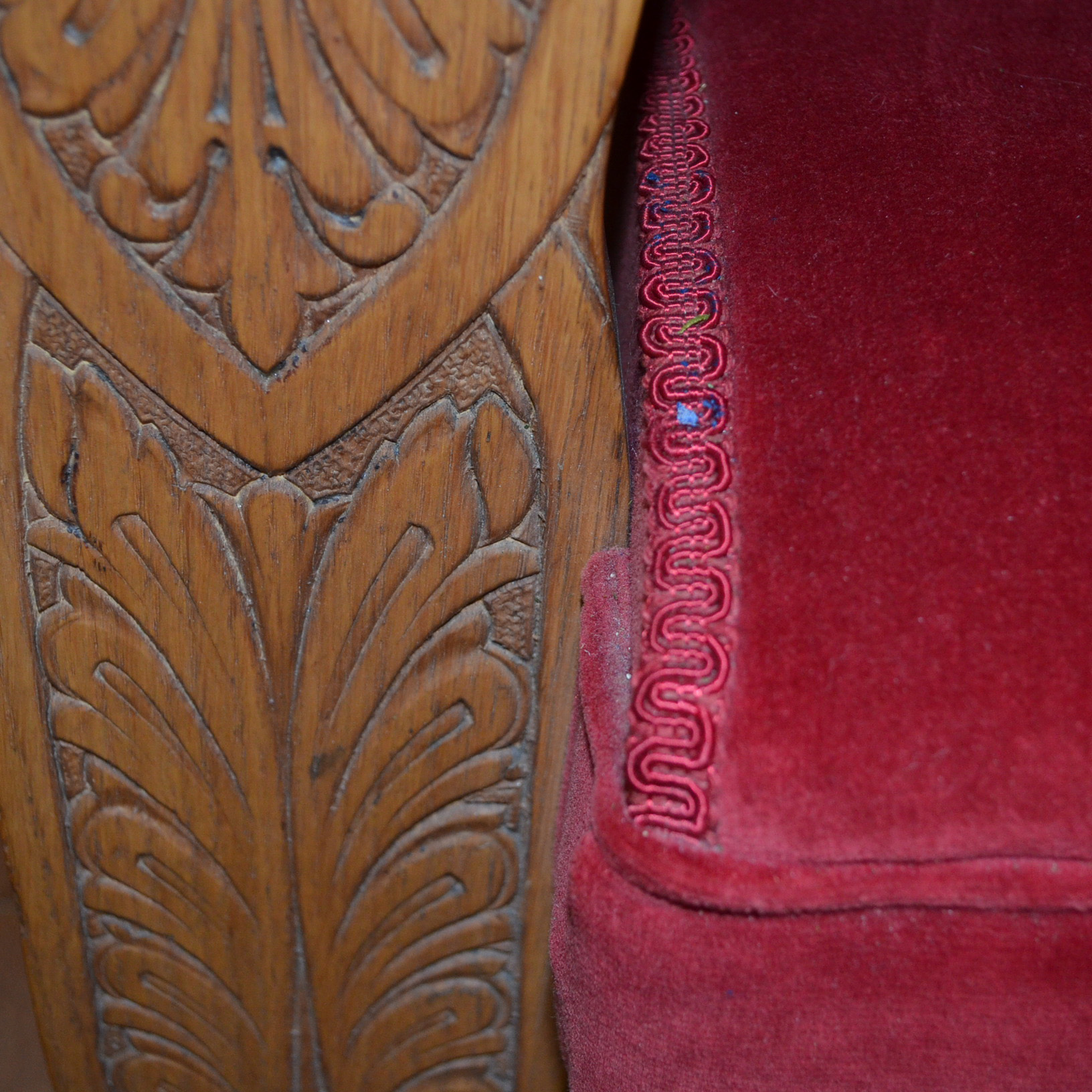 Oak Rocking Chair With Red Velvet Upholstery