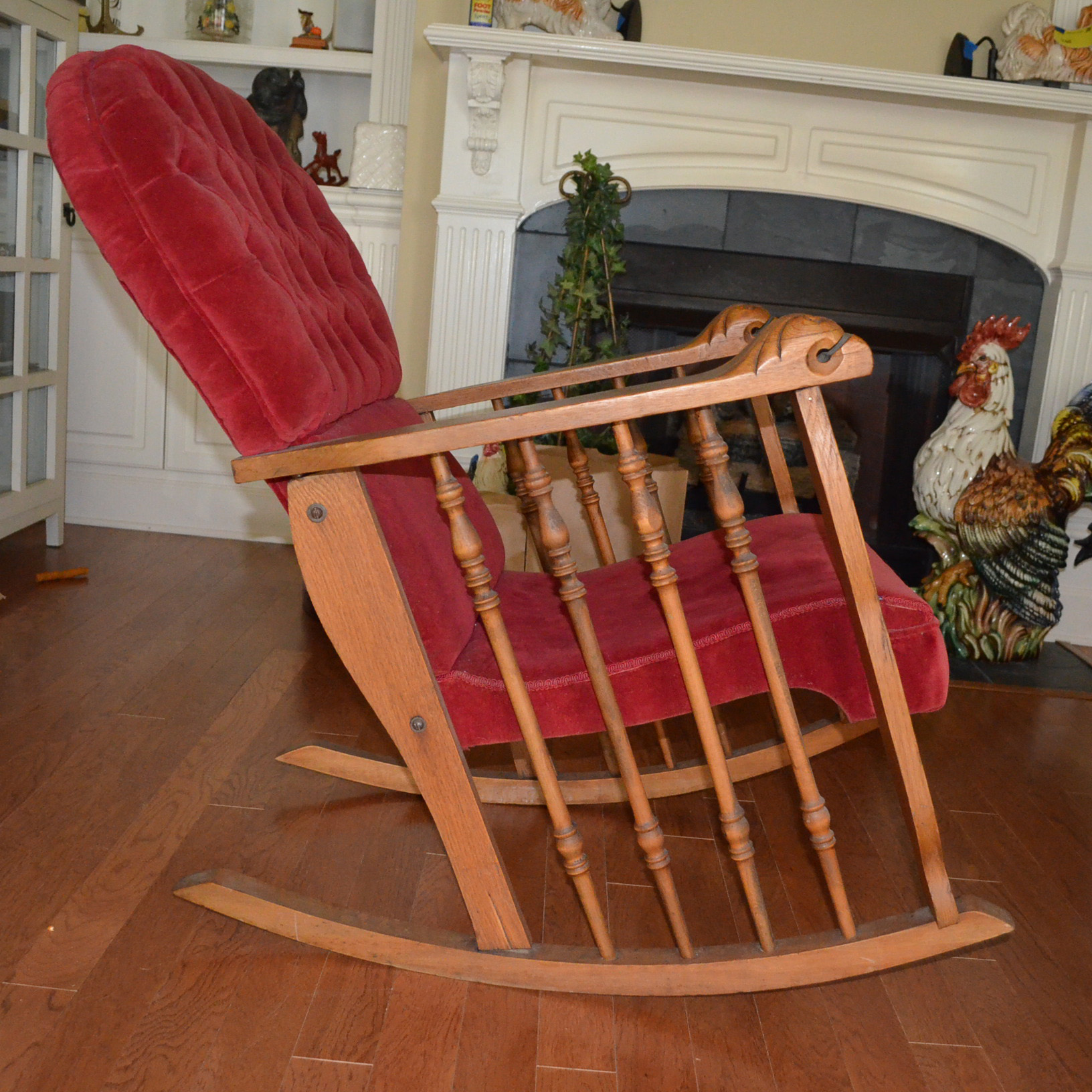 Oak Rocking Chair With Red Velvet Upholstery