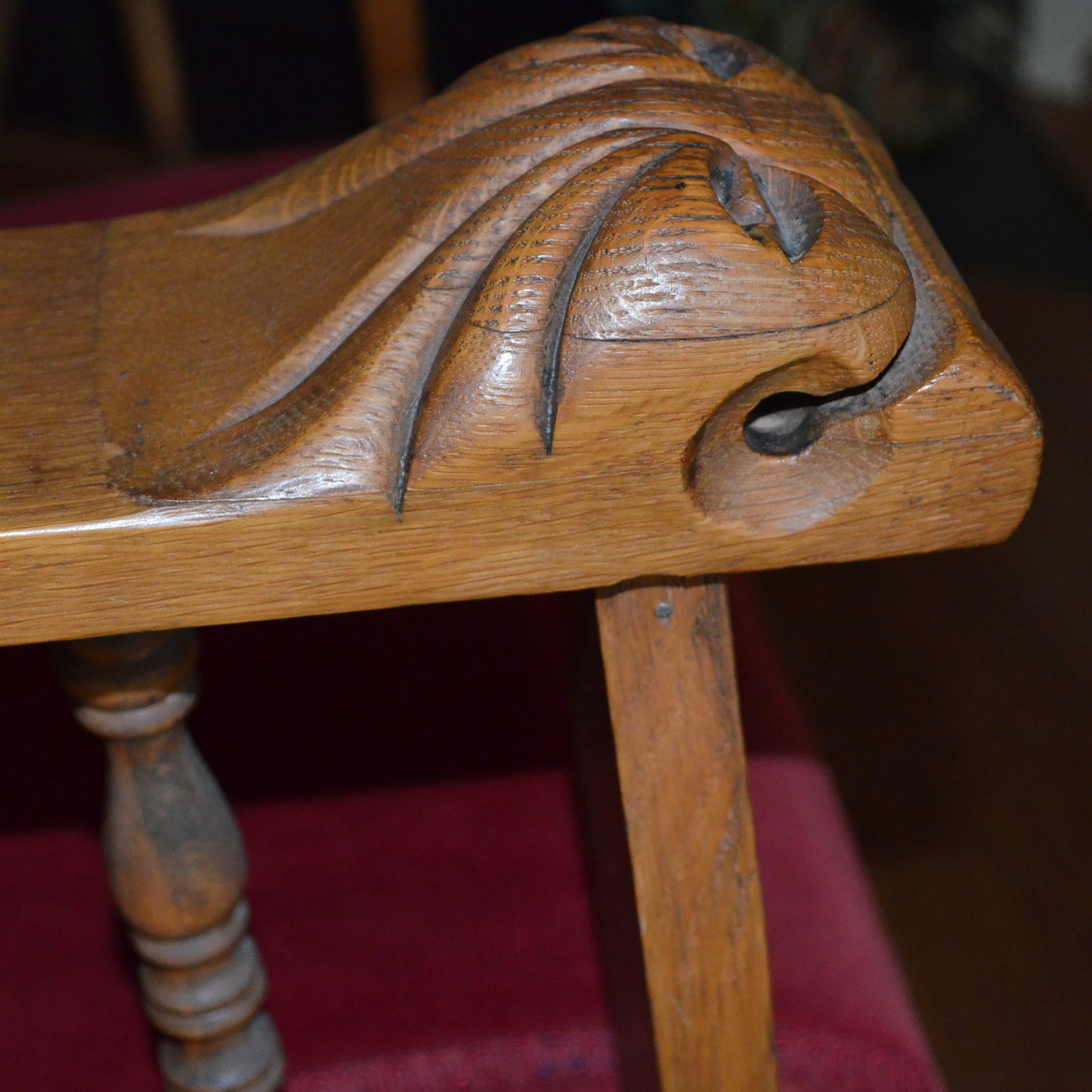 Oak Rocking Chair With Red Velvet Upholstery