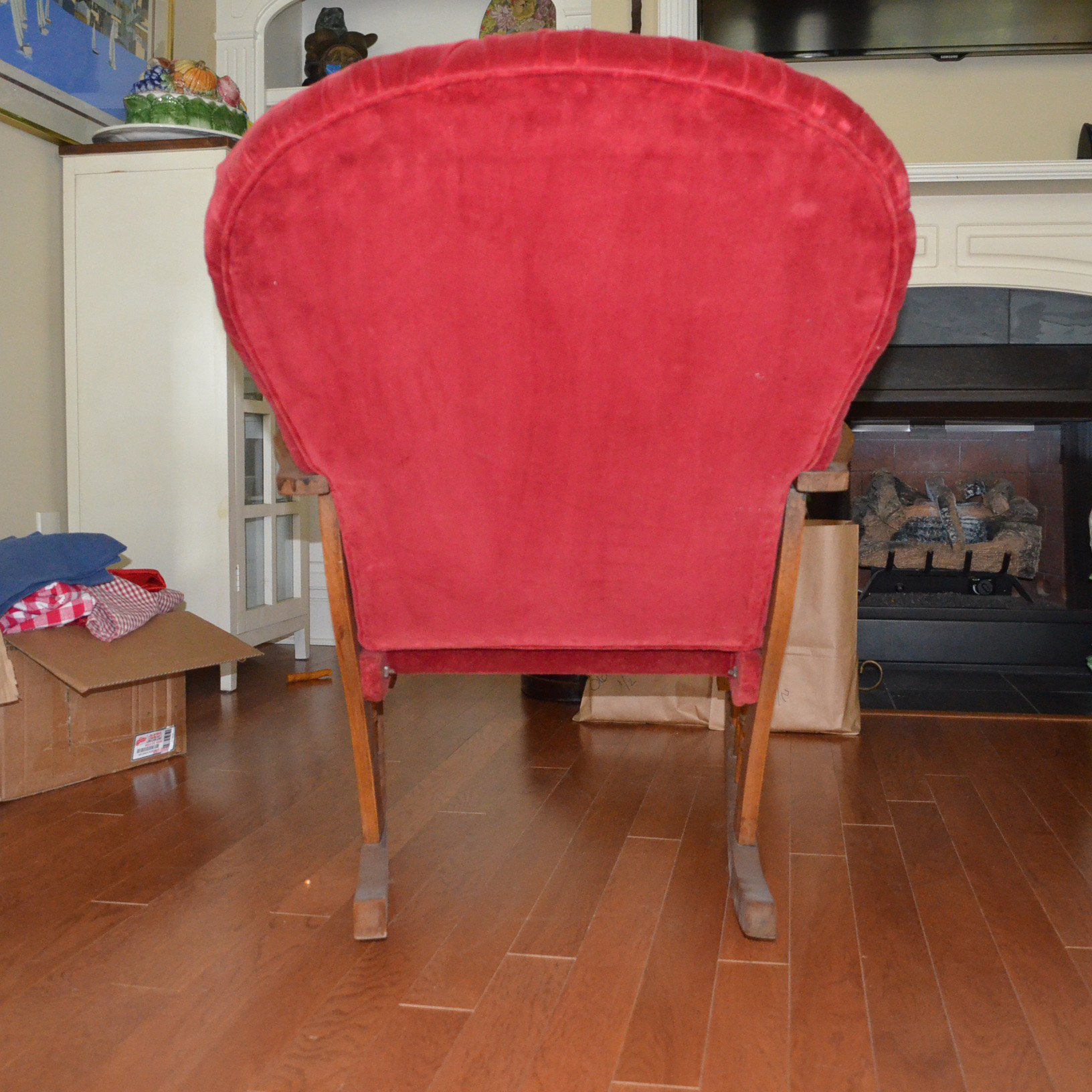 Oak Rocking Chair With Red Velvet Upholstery