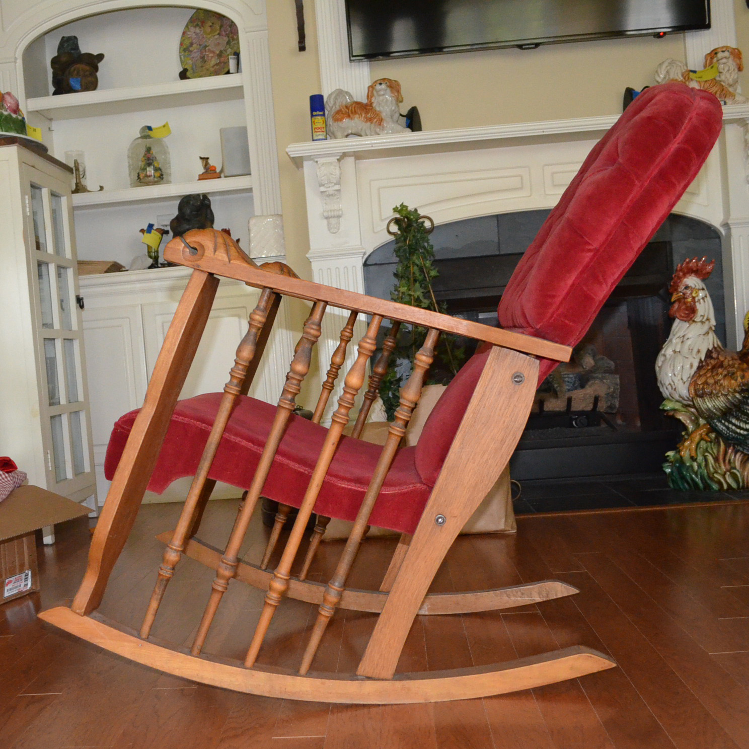 Oak Rocking Chair With Red Velvet Upholstery