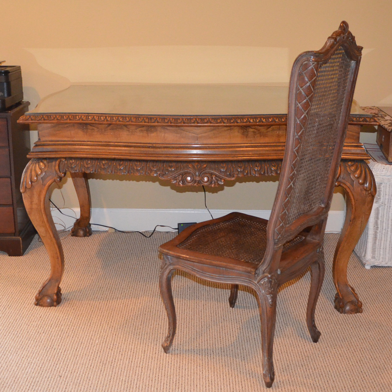 Vintage Queen Anne Style Mahogany Table with Wicker Chair
