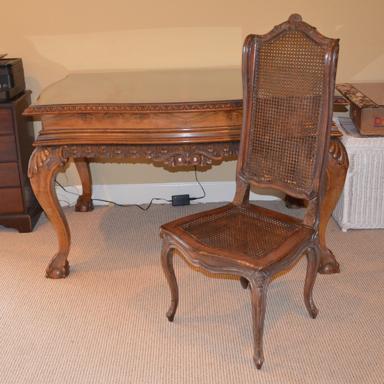 Vintage Queen Anne Style Mahogany Table with Wicker Chair