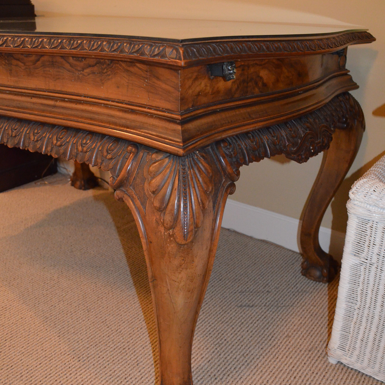 Vintage Queen Anne Style Mahogany Table with Wicker Chair