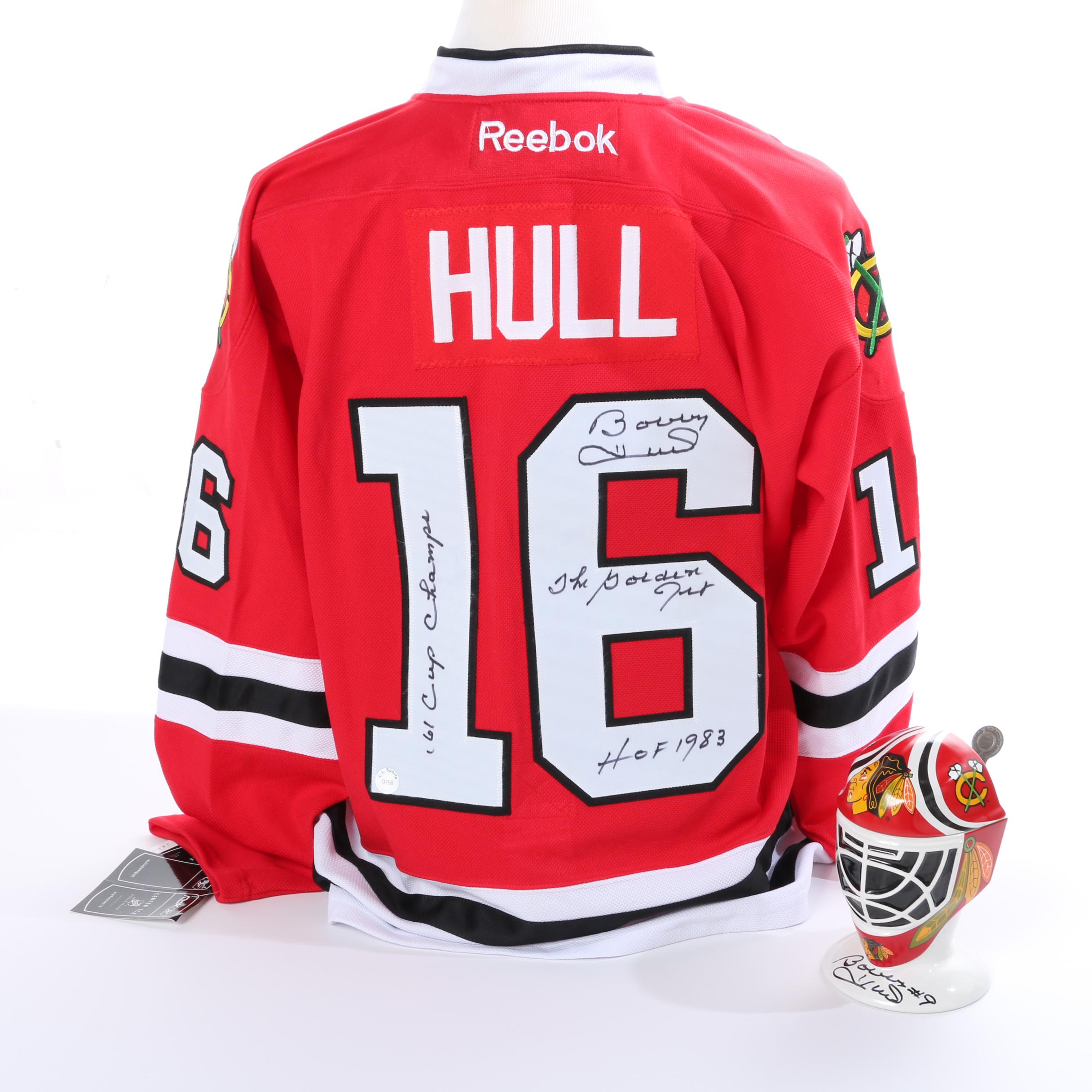 Signed Bobby Hull Blackhawks Jersey and Mug