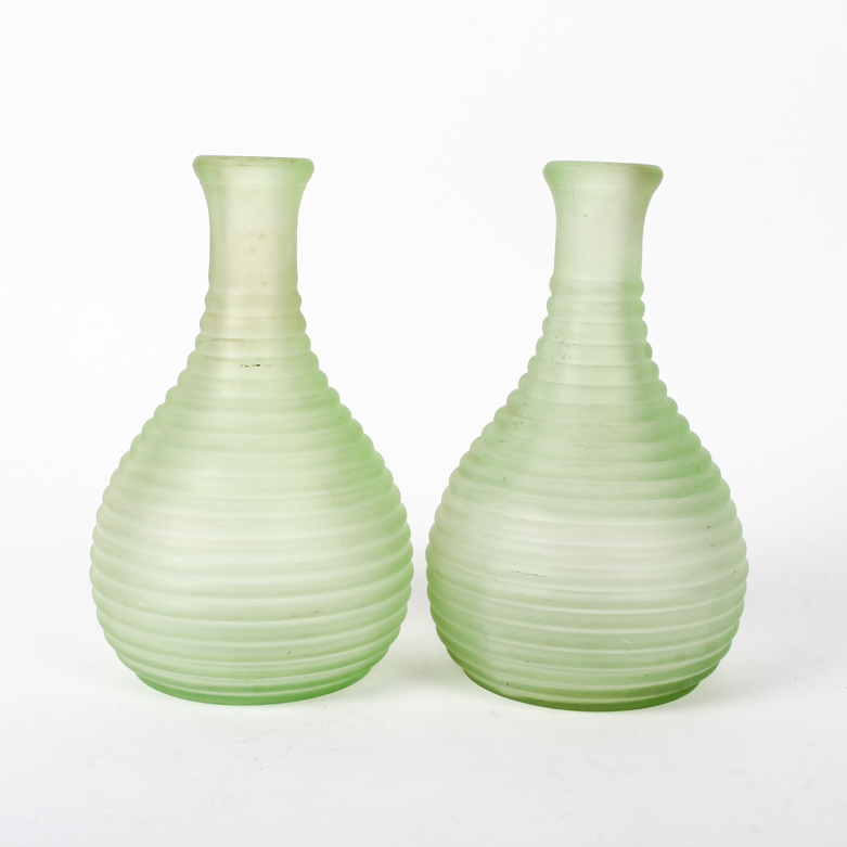 Pair of Vintage Frigidaire Frosted Green Depression Glass Ribbed Carafes