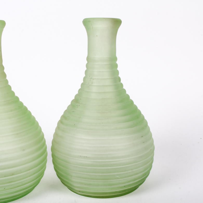 Pair of Vintage Frigidaire Frosted Green Depression Glass Ribbed Carafes