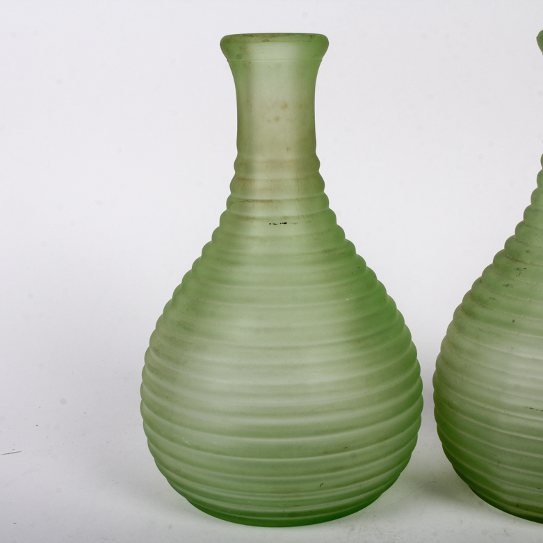 Pair of Vintage Frigidaire Frosted Green Depression Glass Ribbed Carafes