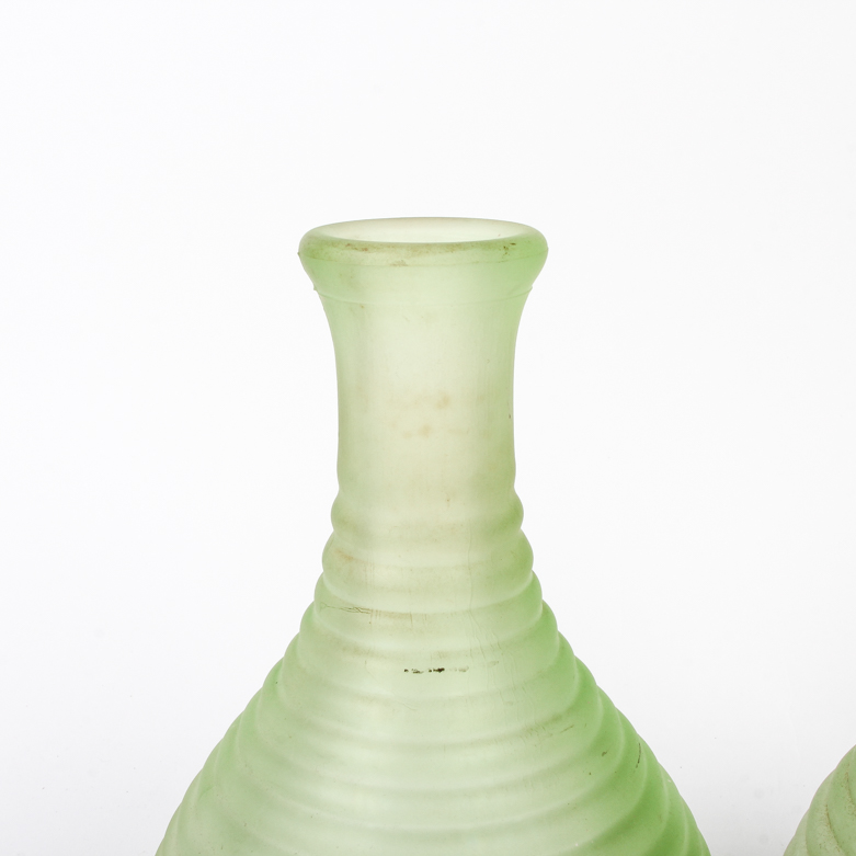 Pair of Vintage Frigidaire Frosted Green Depression Glass Ribbed Carafes