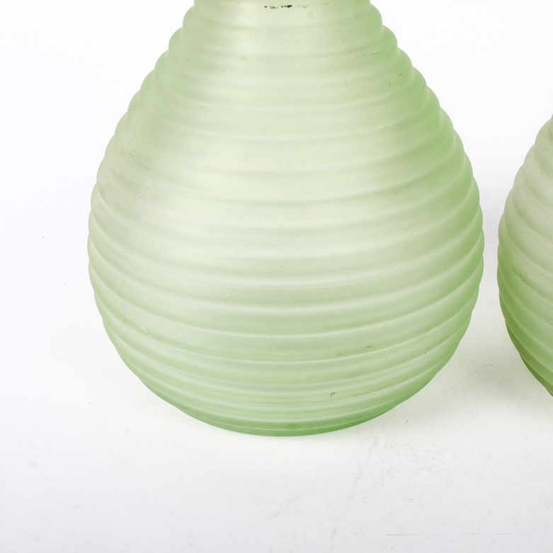 Pair of Vintage Frigidaire Frosted Green Depression Glass Ribbed Carafes