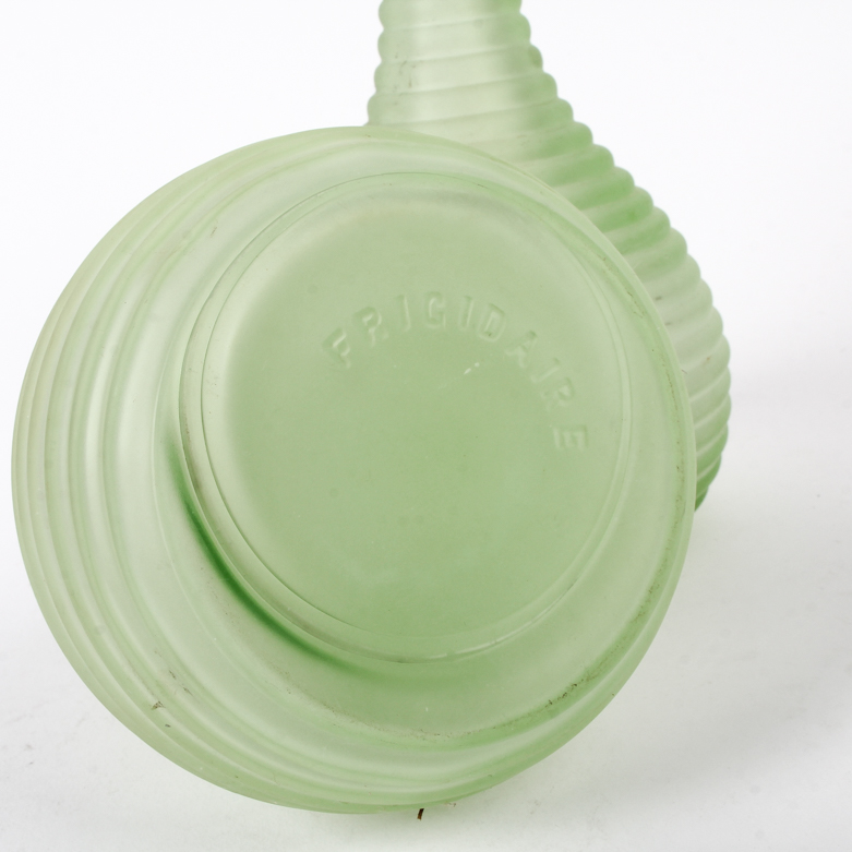 Pair of Vintage Frigidaire Frosted Green Depression Glass Ribbed Carafes