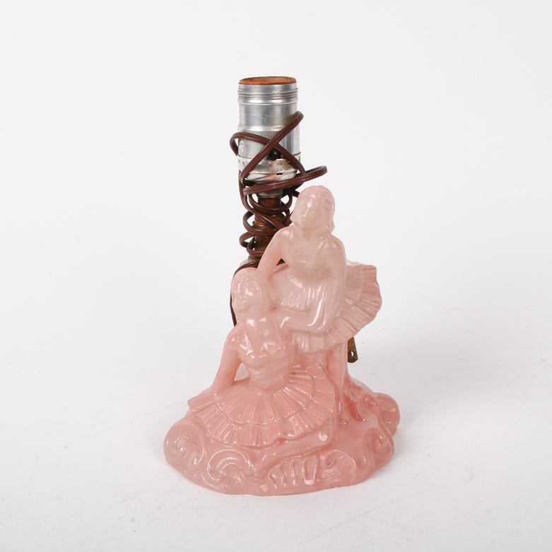 Vintage Pink Glass Figural Table Lamp with Ballerinas