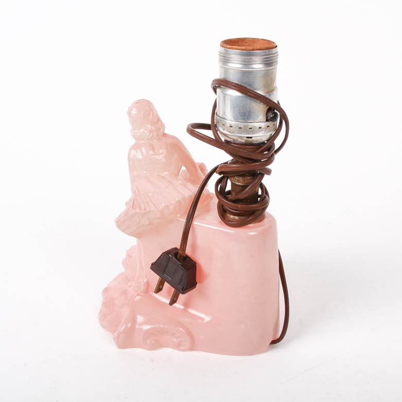 Vintage Pink Glass Figural Table Lamp with Ballerinas