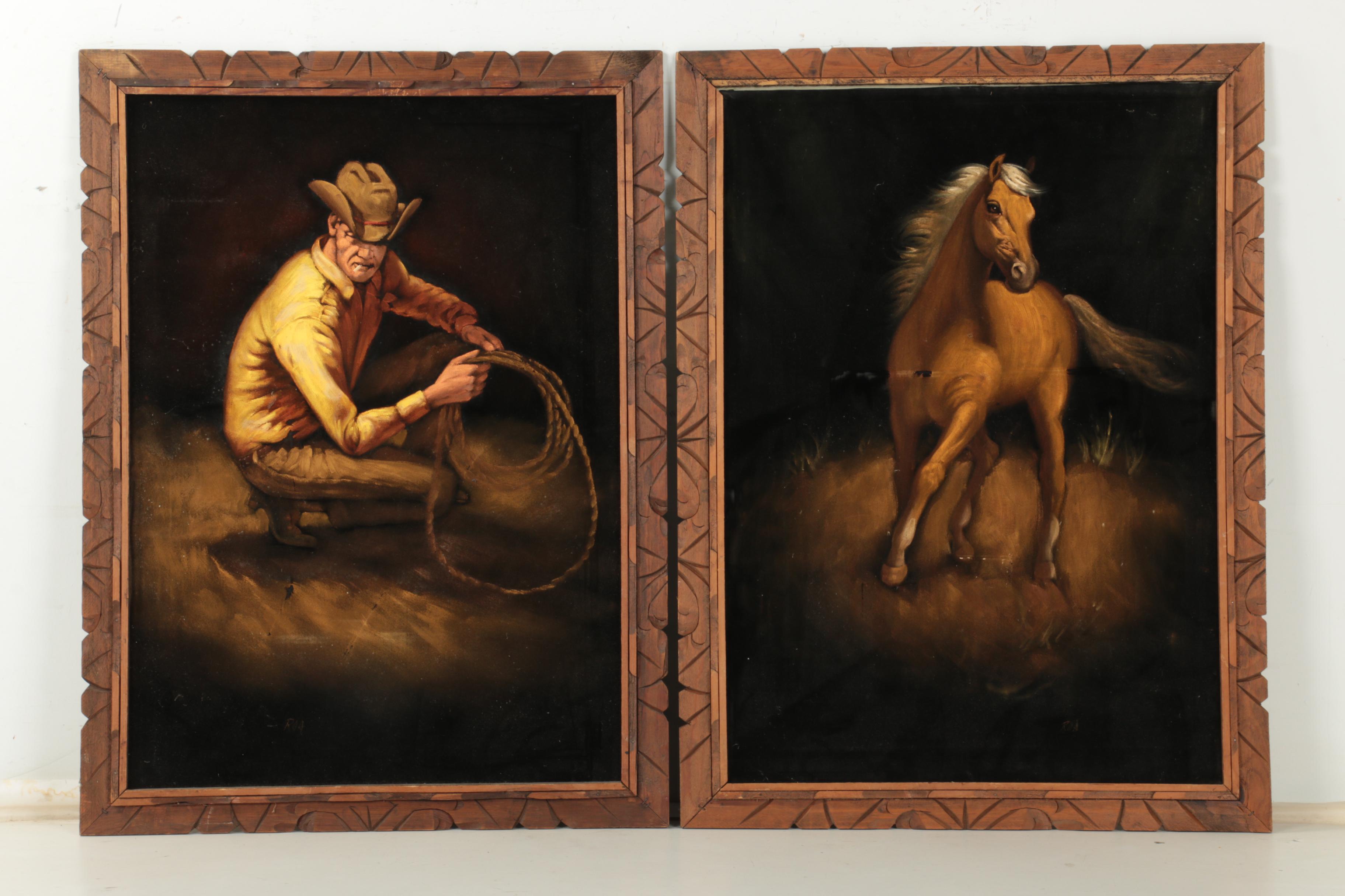 Acrylic Paintings on Black Velvet of Cowboy and Horse