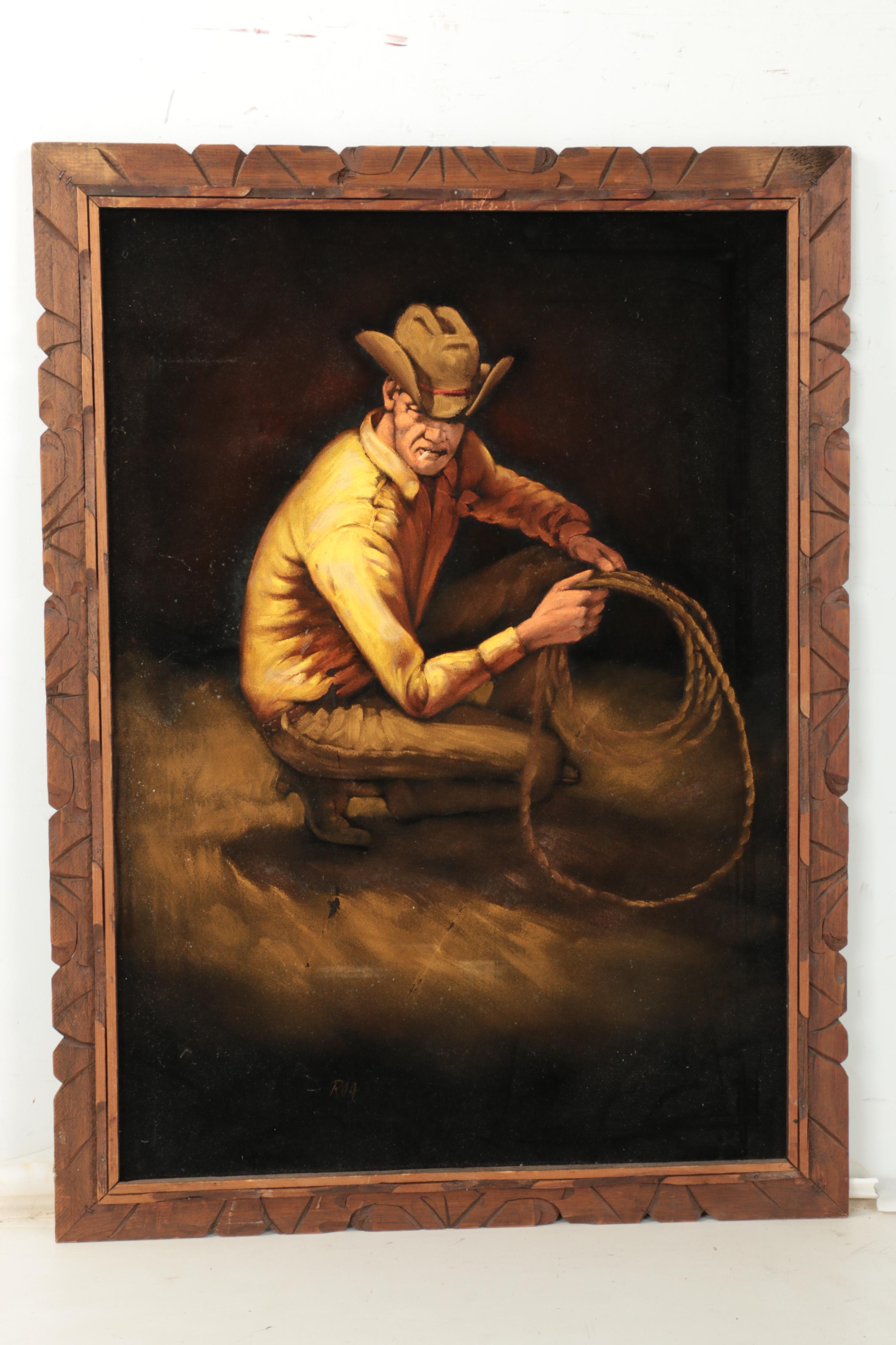 Acrylic Paintings on Black Velvet of Cowboy and Horse