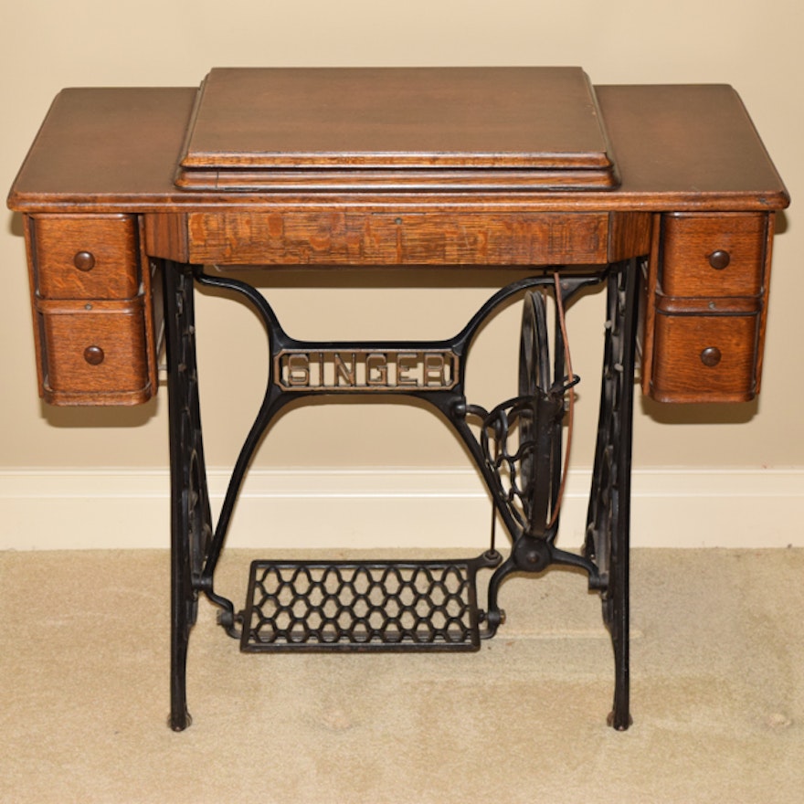 Antique Singer Sewing Machine and Tiger Oak Table